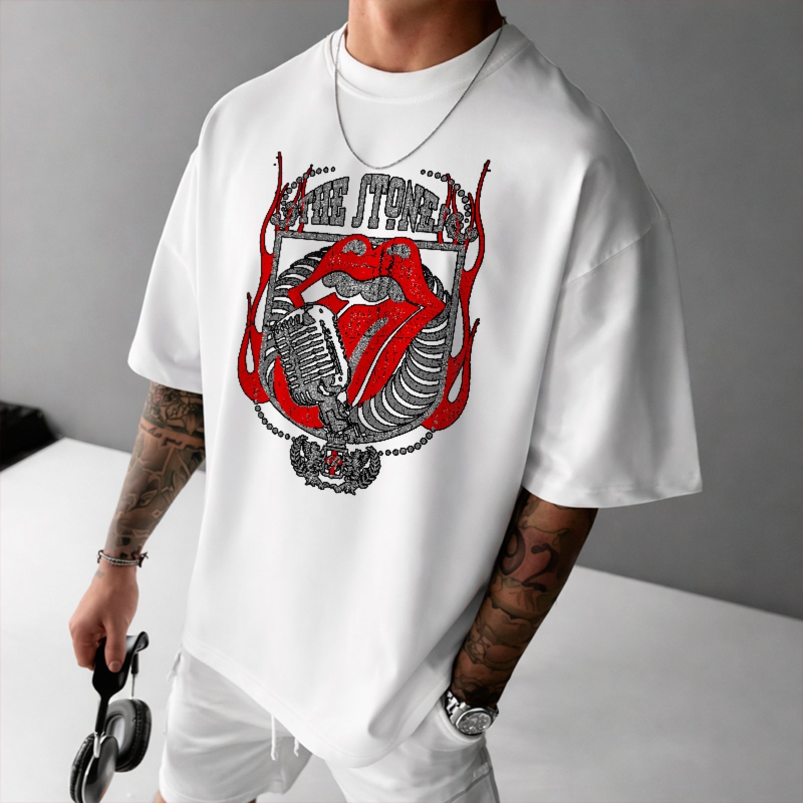 Camiseta Oversized Premium Rock Tongue Vintage Rolling Stones Unissex Branco