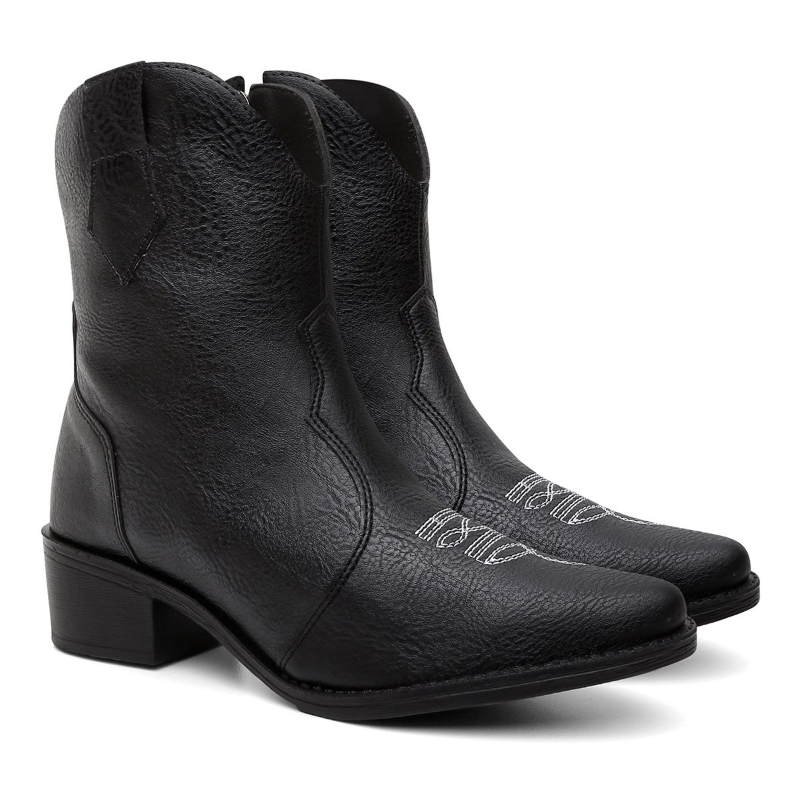 Bota Feminina Cano Baixo Anna Andrade Texana Western Bico Fino Bordada Tendência Preto