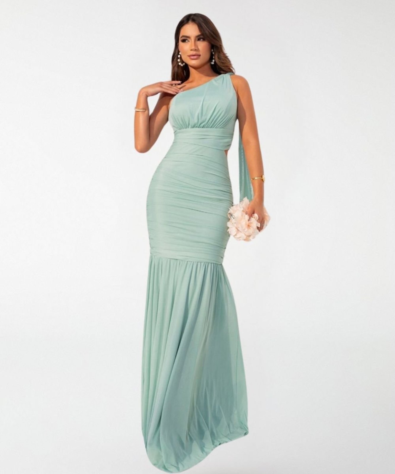 Vestido Longo Madrinhas 77VS Levosch Em Tule De Um Ombro Verde Menta