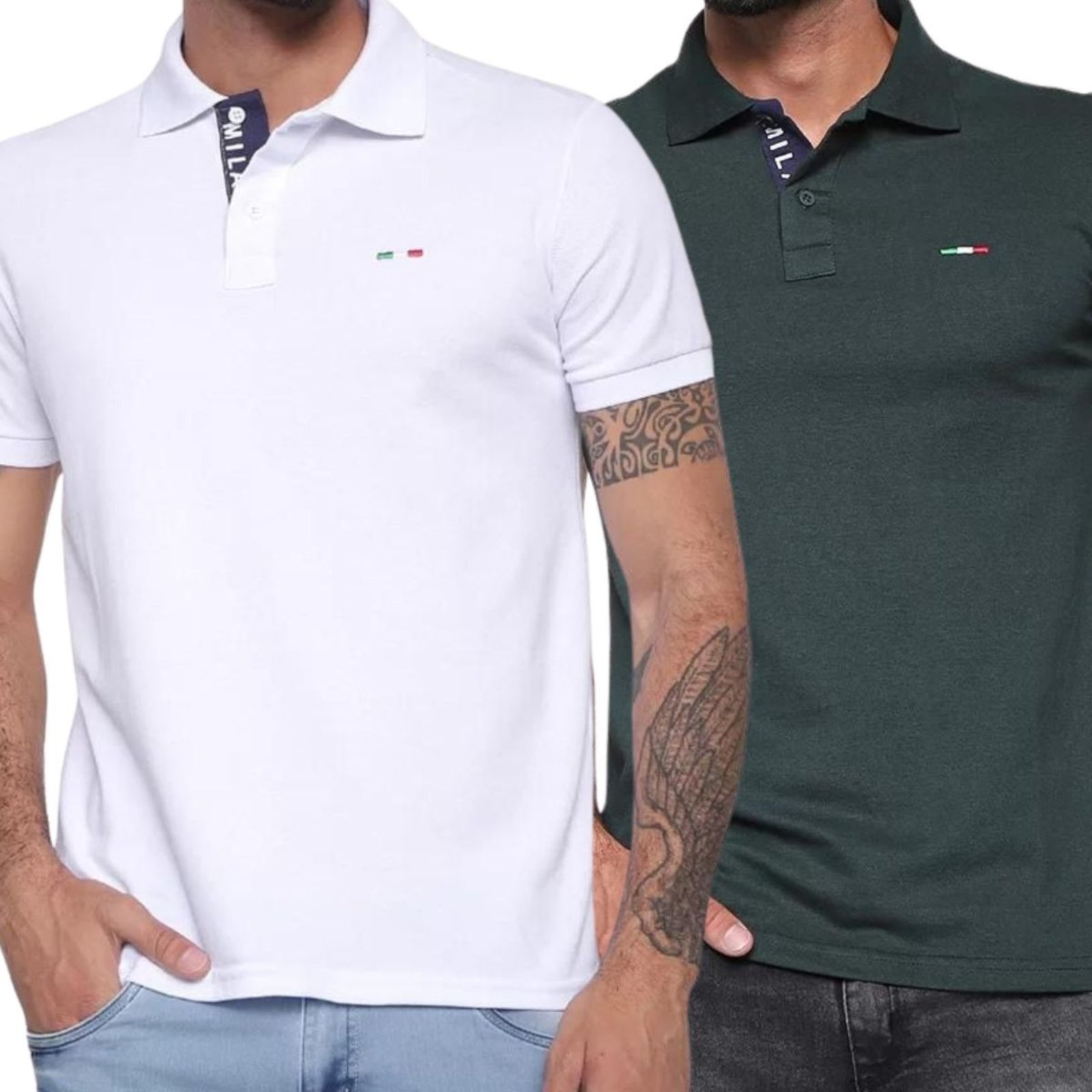 Vista 2 Kit 2 Polos Masculina Básicas FMF Branco e Verde Piquet no Estilo Tommy Bordado Itália verde militar FMF verde militar