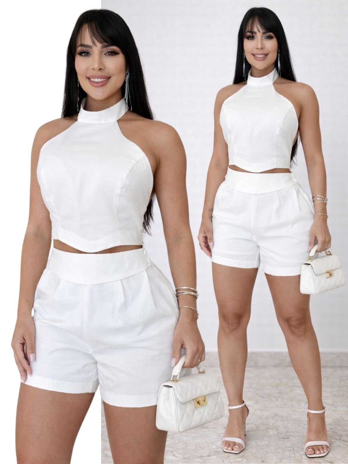 Conjunto Alfaiataria Divina Gata Cropped e Shorts - BRANCO NV