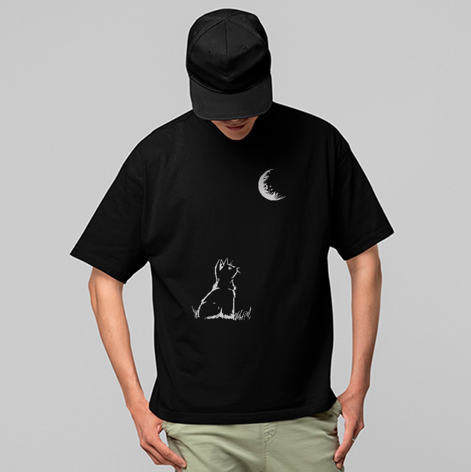 Camiseta Oversized Gato Lua Minimalista Unissex Preto