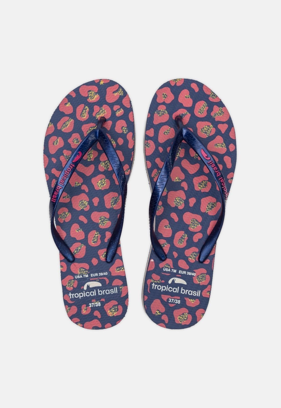 Chinelo Tropical Brasil Tamanco Estampado Azul Metalizado com Azul Marinho
