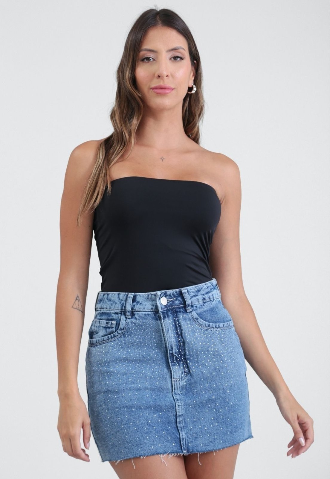 Saia Jeans Pop Me Curta Com Strass Azul