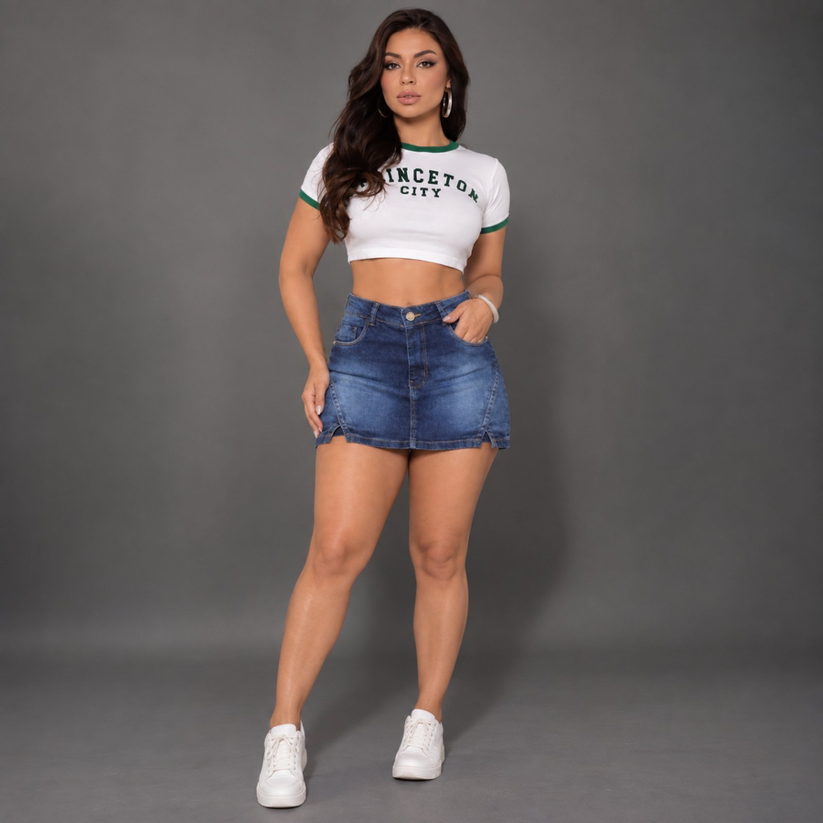 Shorts Saia Jeans Feminino Cintura Alta Modelador com Fenda