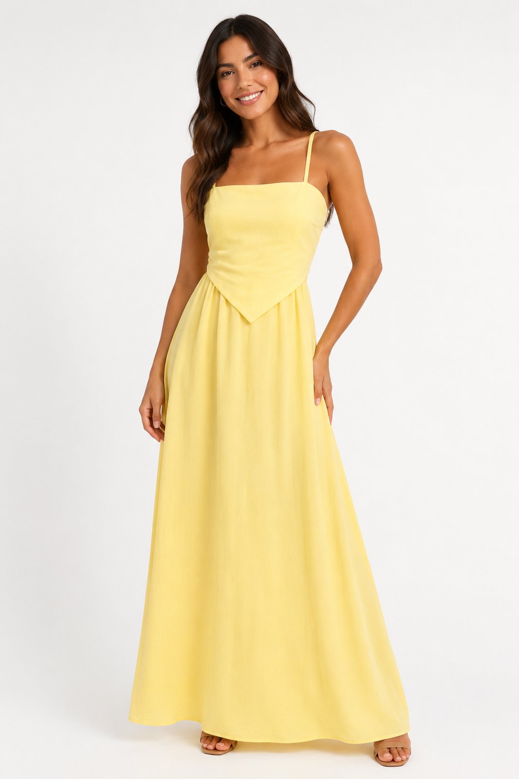 Vestido Alcinha Longo D Bell Outlet Decote Quadrado Amarelo Manteiga