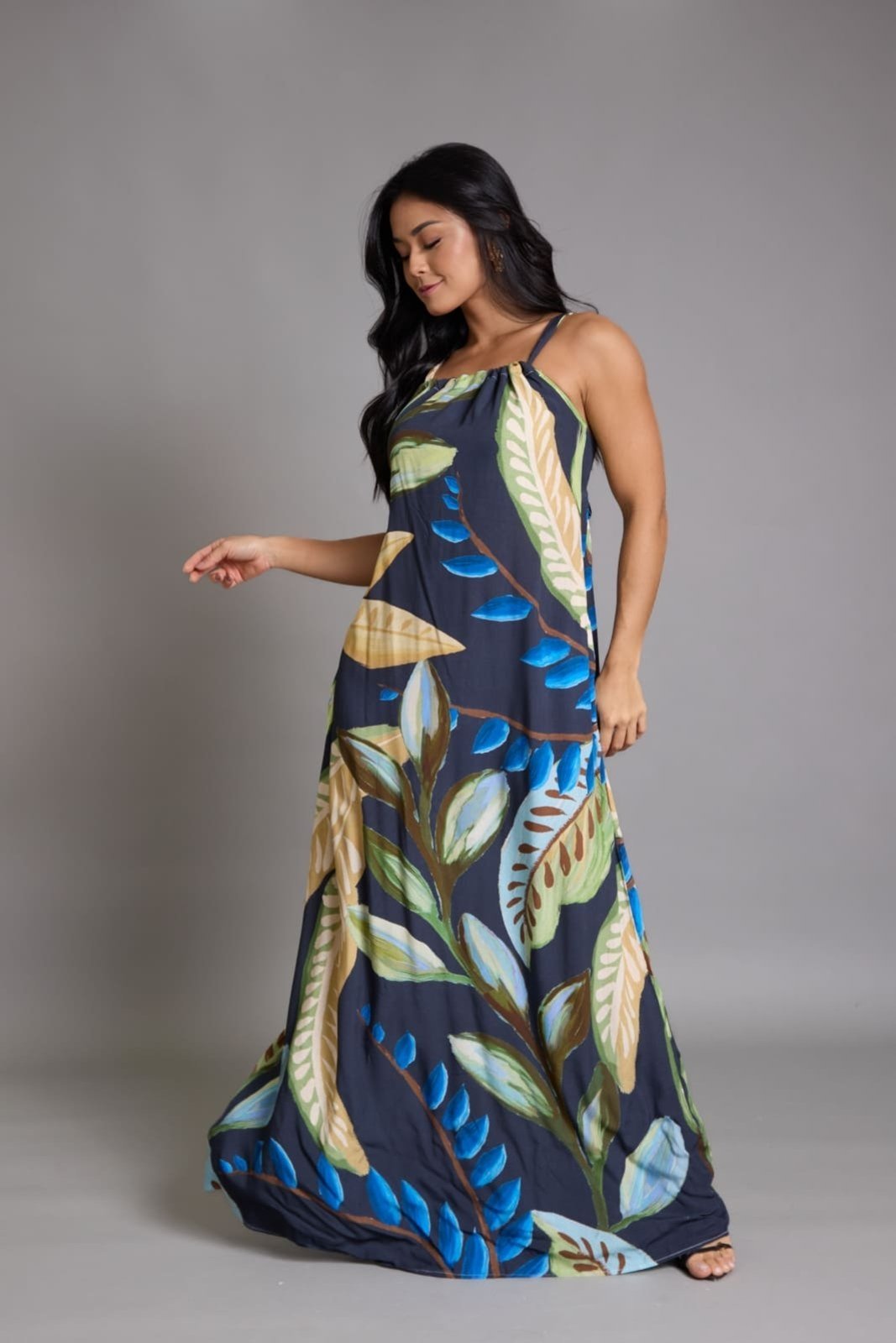 Vestido Em Viscose Longo Floral Feminino Lemier Collection Marinho
