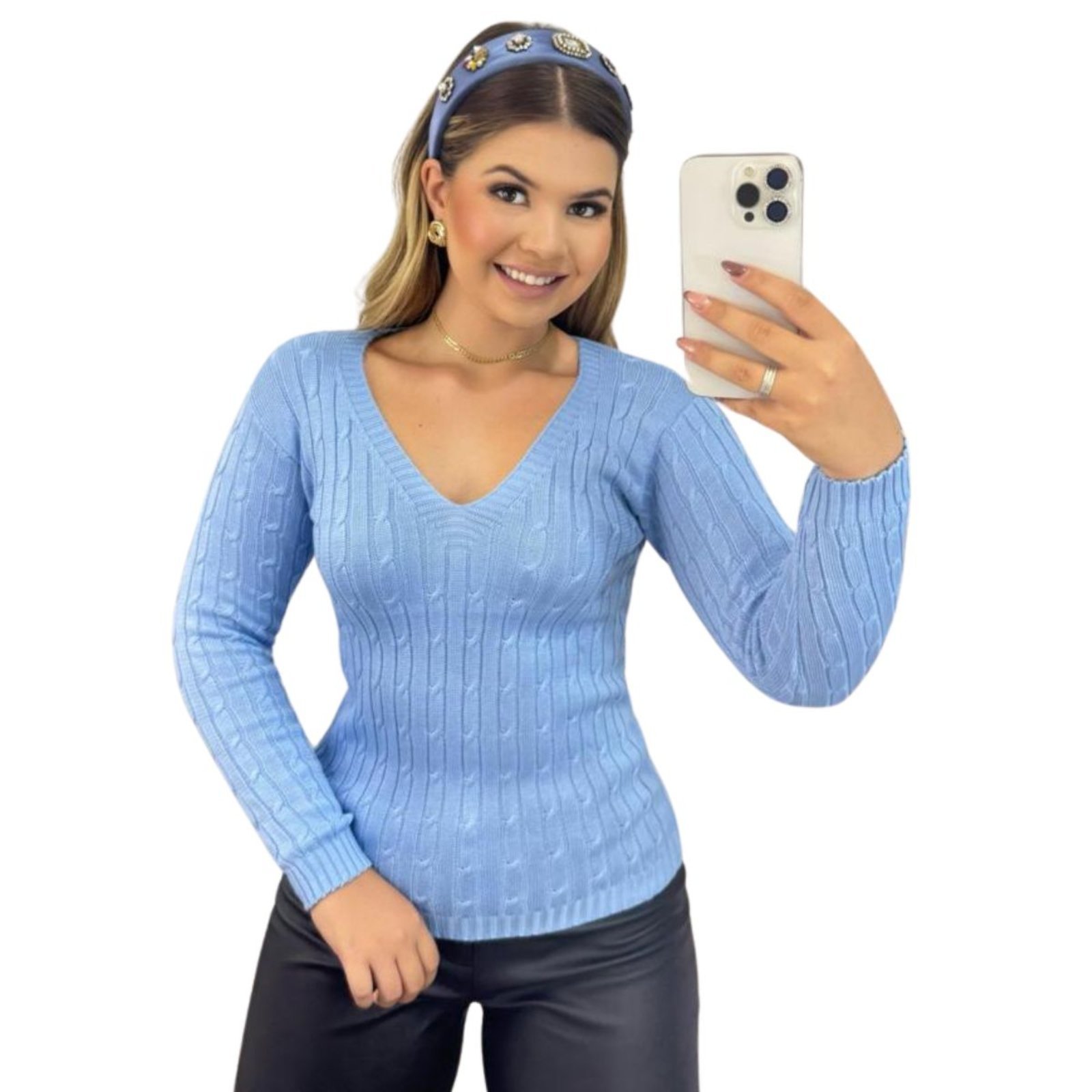 Blusa Feminino FMF Suéter de Tricô Azul Manga Longa