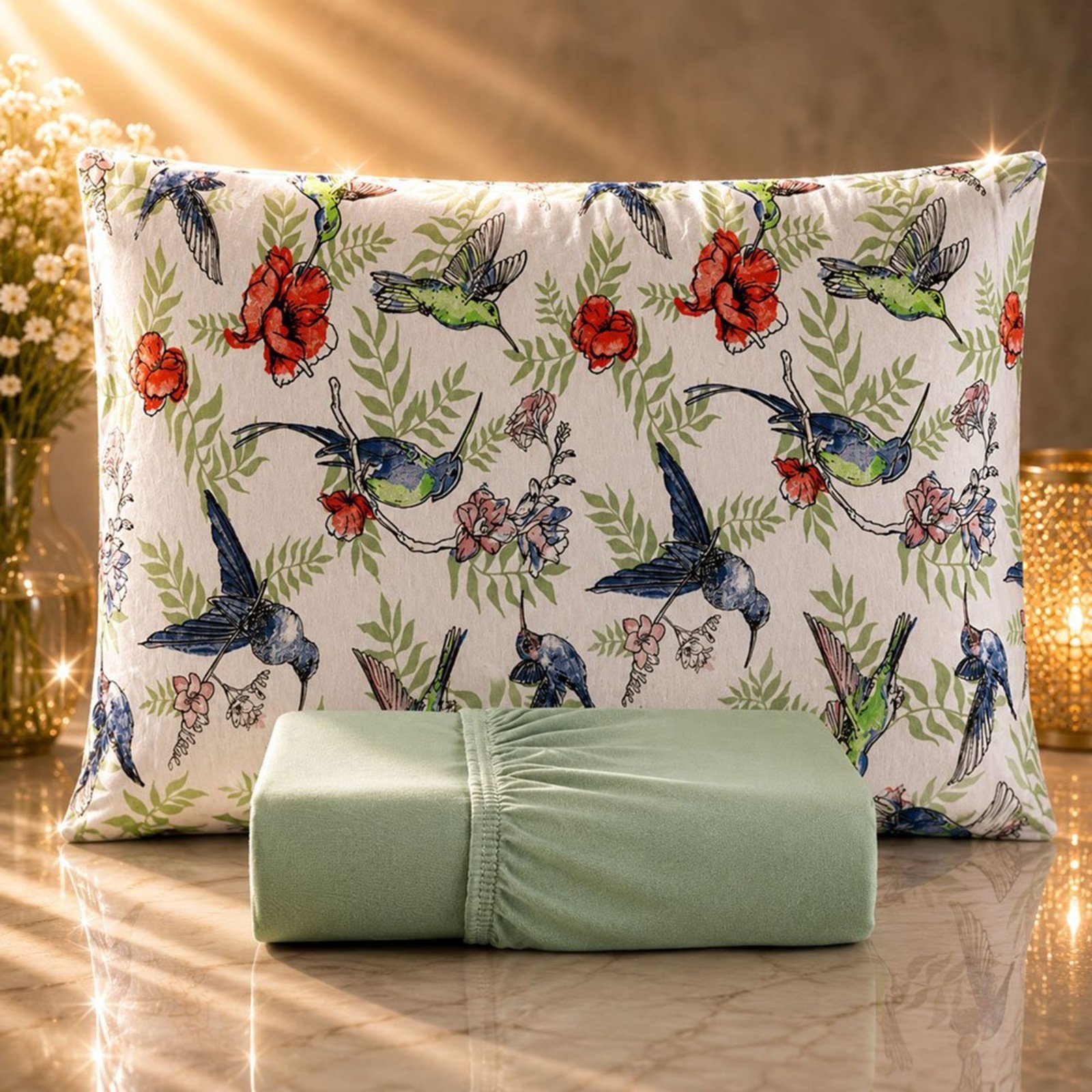 Jogo de Cama Lençol Malha Grossa Fio Penteado 100% Algodão Solteiro 2 Peças - Beija Flor