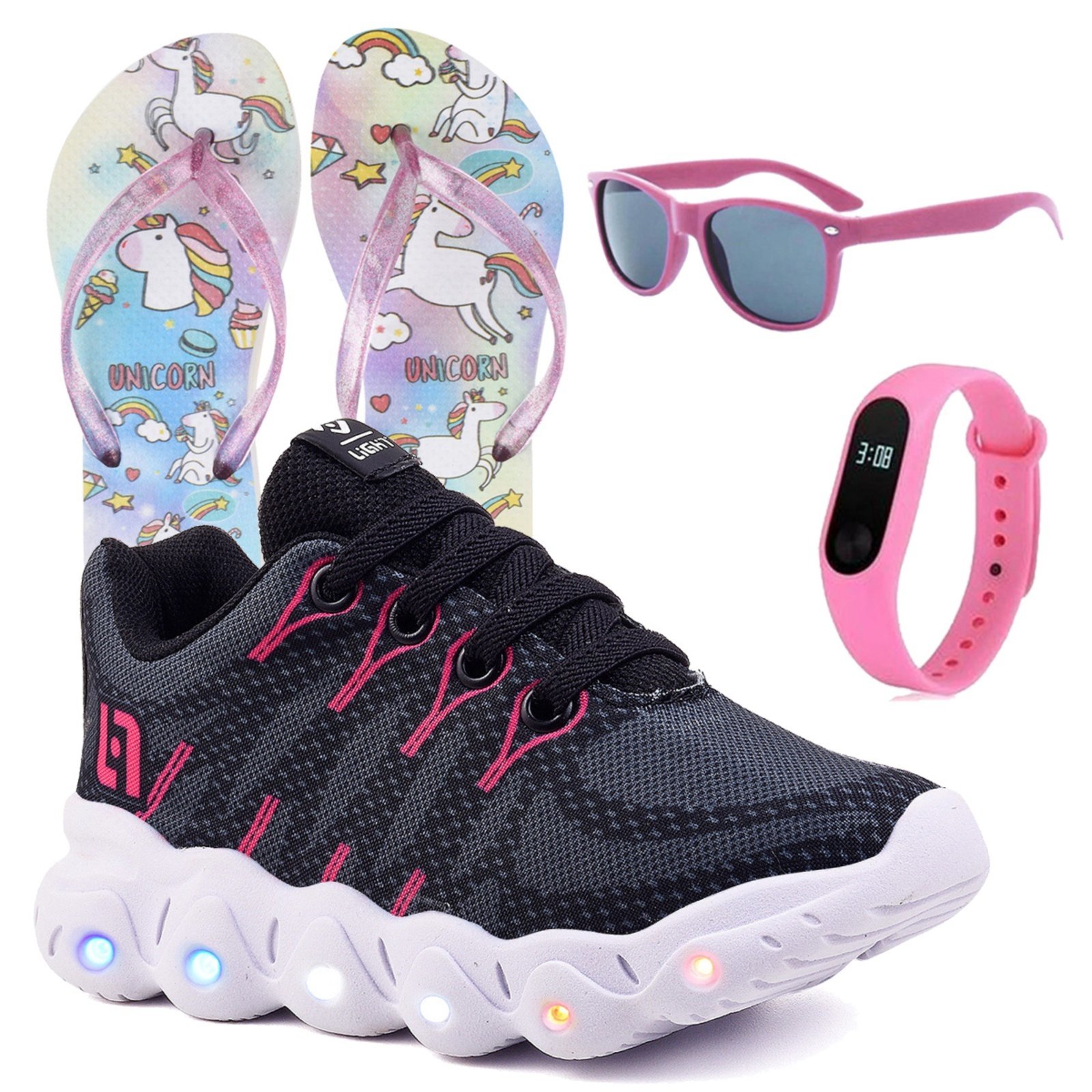 Vista 2 Infantil - Tenis De Led Meninas Casual Preto e Pink Com Luzes Feminino + Chinelo Óculos e Relógio CALCADOS LGHT LIGHT rosa pink CALCADOS LGHT LIGHT rosa pink