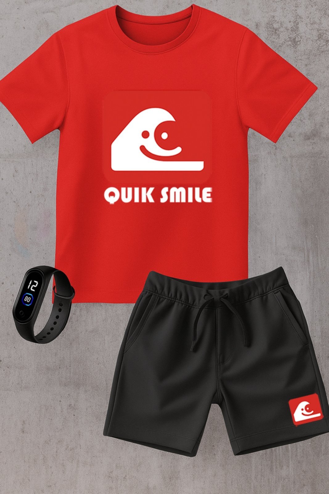 Infantil - Kit Camiseta Marca menino Urbania Algodão vermelha Short Bermuda preta menina Conjunto black promoção oferta + brinde relogio estampa quik smile estilo silver