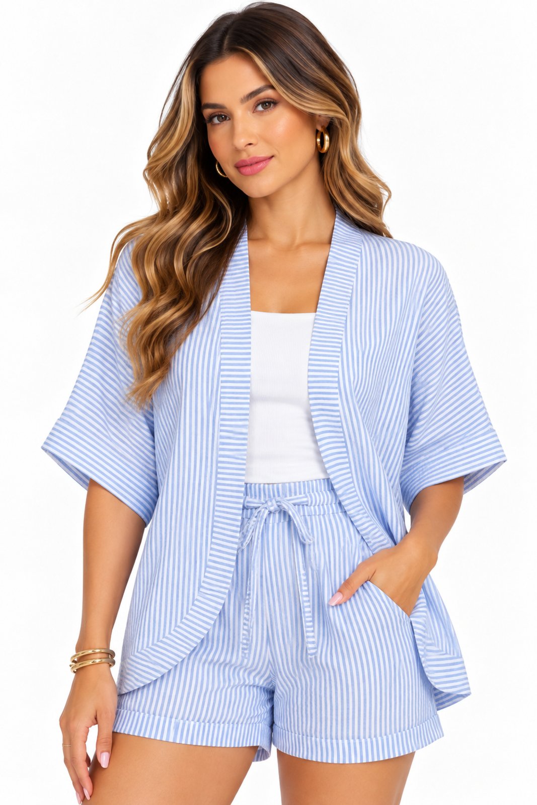 Conjunto Feminino D Bell Outlet Fashion Kimono Shorts Listrado Azul Claro