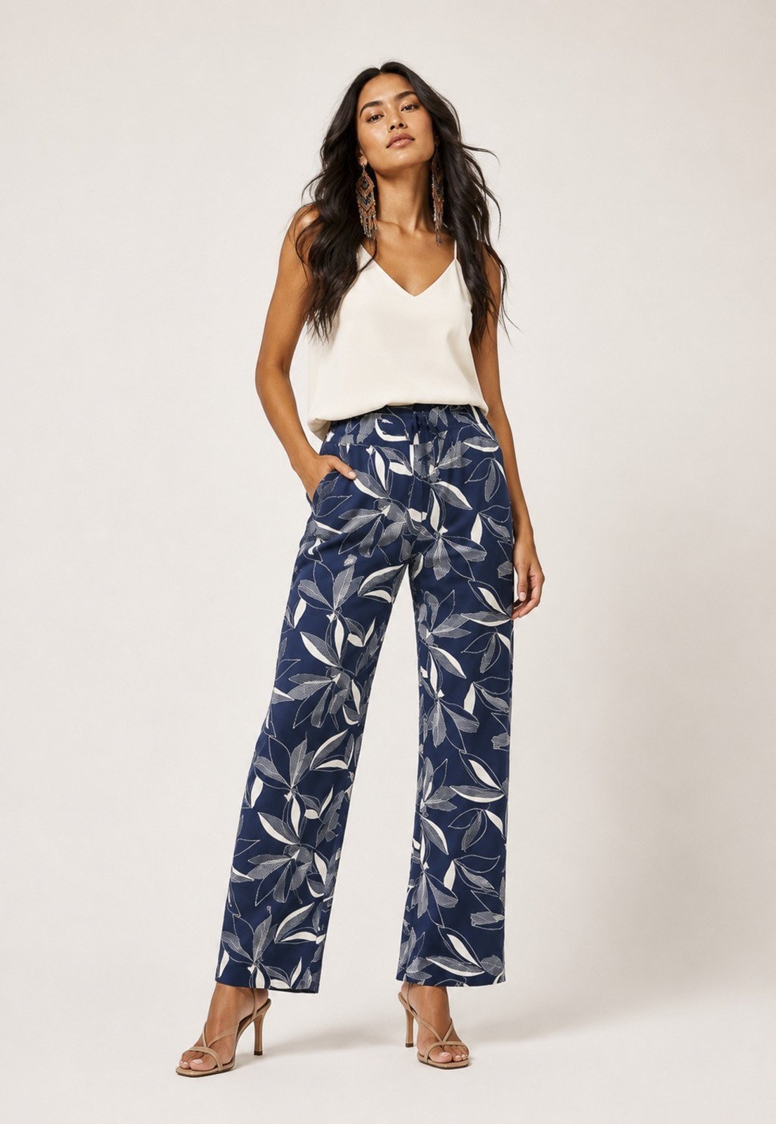 Calça CabanaFree Reta Naná Malha Estampa Hibisco Blue