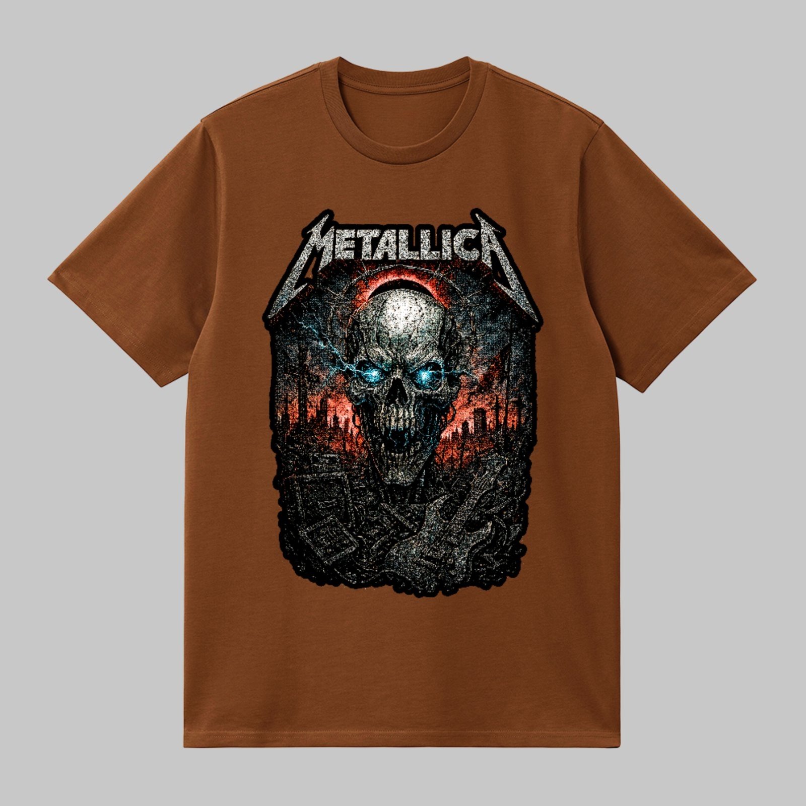 Camiseta Básica Banda Metallica Skull Apocalypse Metal Rock Heavy Unissex Marrom