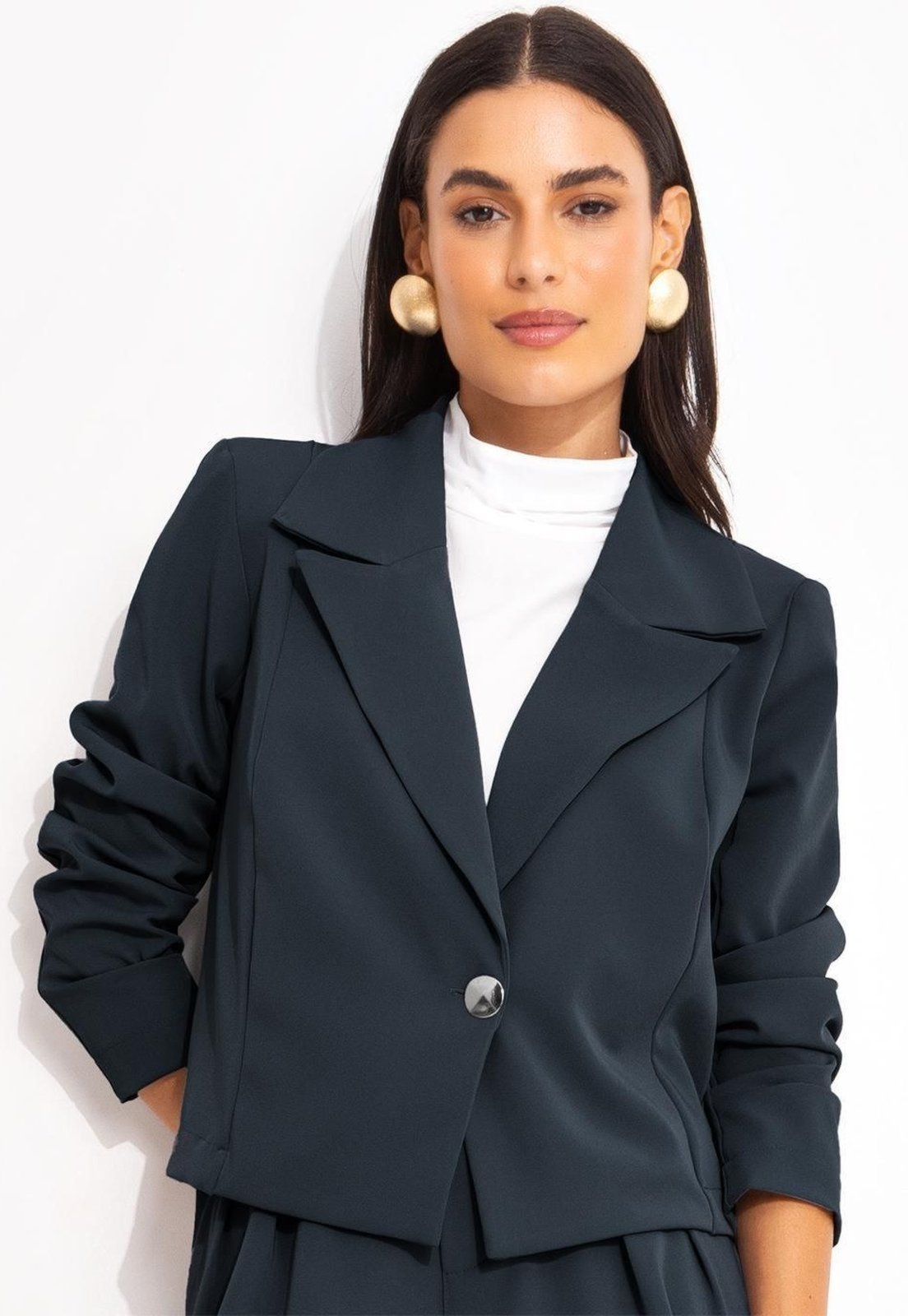 Blazer Em Alfaiataria Azul Marinho Quintess