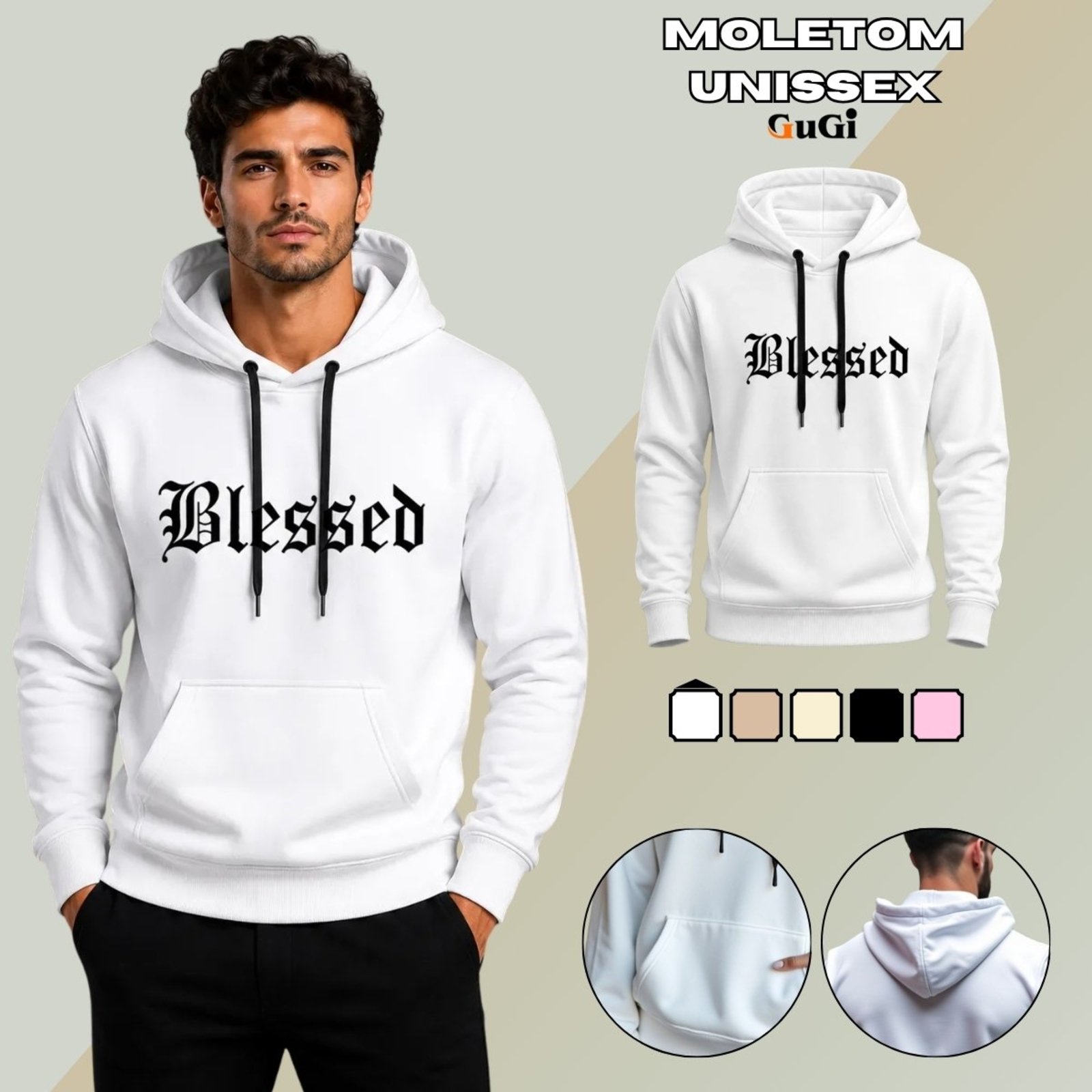 Moletom Canguru Unissex Com Capuz Blessed Abençoado GuGi - Branco