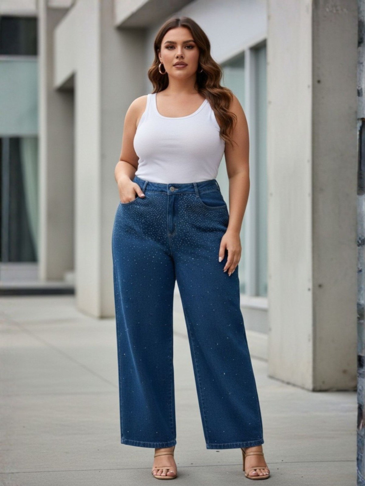 Vista 2 Calça Jeans Feminina Plus Size Reta Brilhos Cintura Alta Bolsos Azul Escuro Barra Feita jeans azul jeans azul