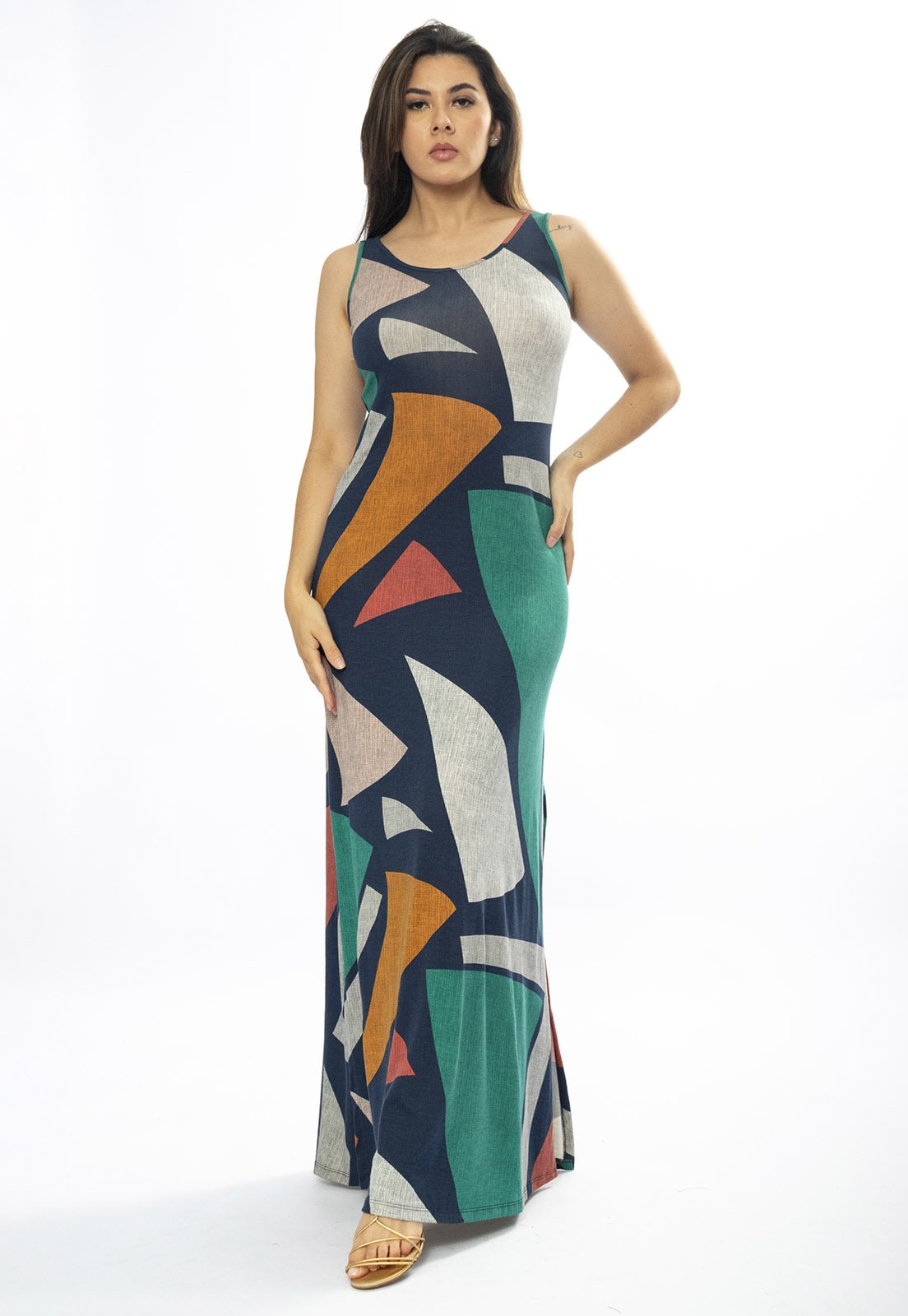 Vista 2 Vestido Longo Amazônia Vital Butiá Malha Regata Estampa Geometrias do Tempo Amazonia Vital azul marinho/cinza/estampado/laranja/verde