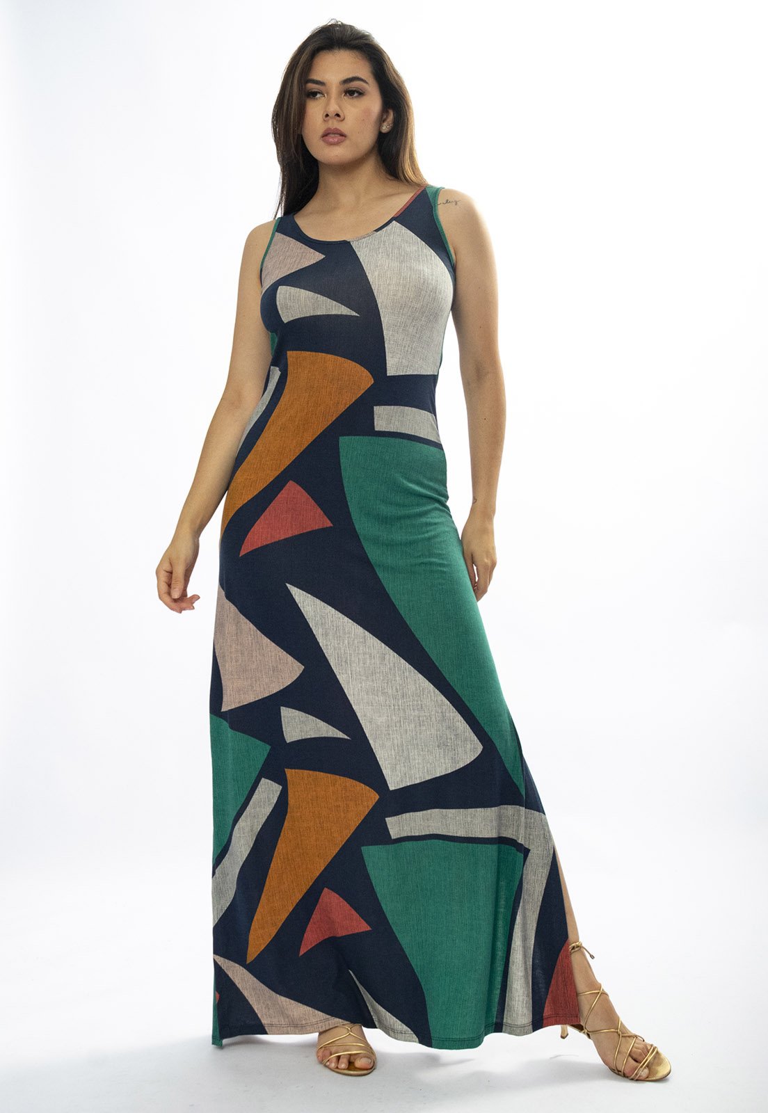 Vista 3 Vestido Longo Amazônia Vital Butiá Malha Regata Estampa Geometrias do Tempo Amazonia Vital azul marinho/cinza/estampado/laranja/verde