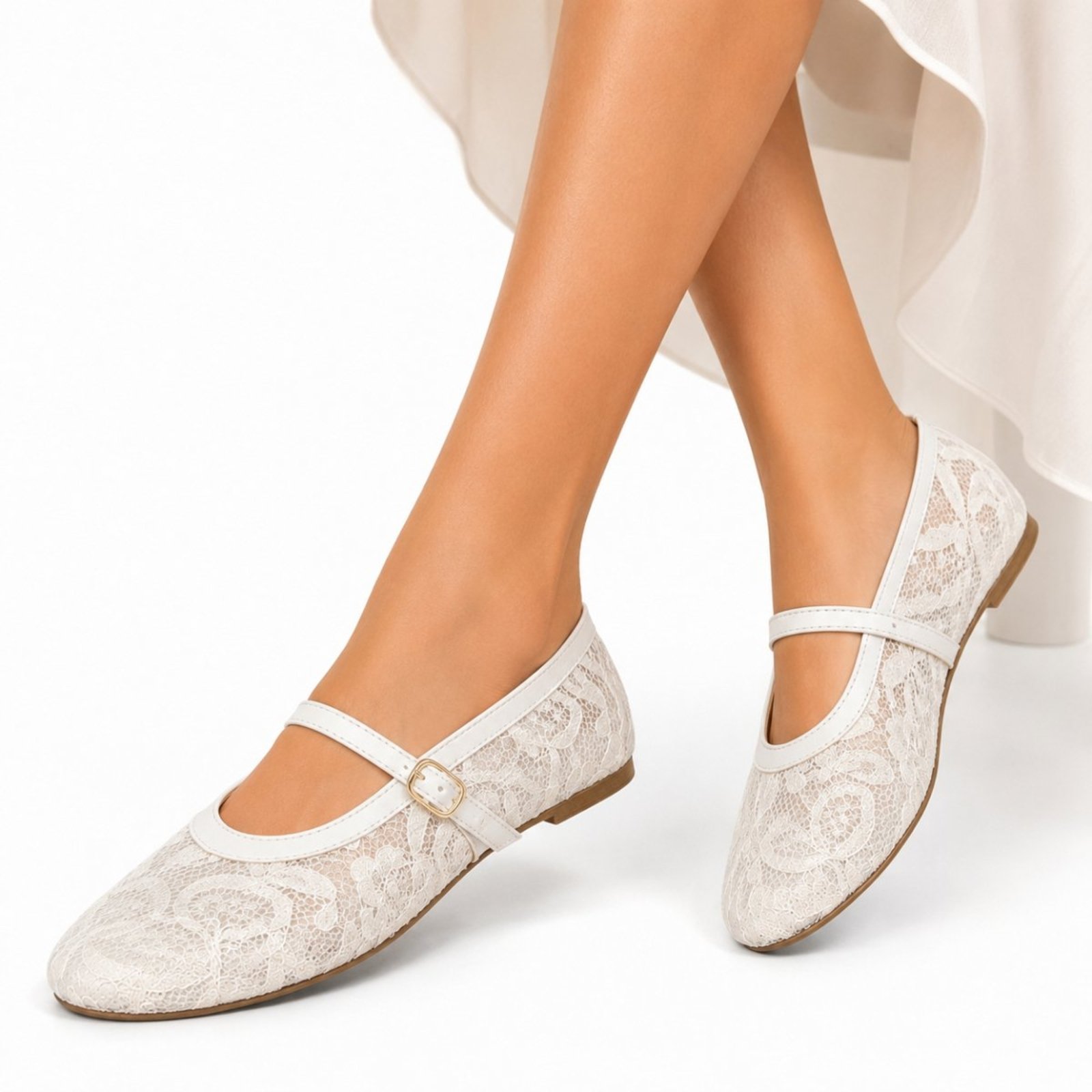 Sapatilha Feminina Sete Sales Em Redinha Floral Delicada Tira Com Fivela 5407 Off White