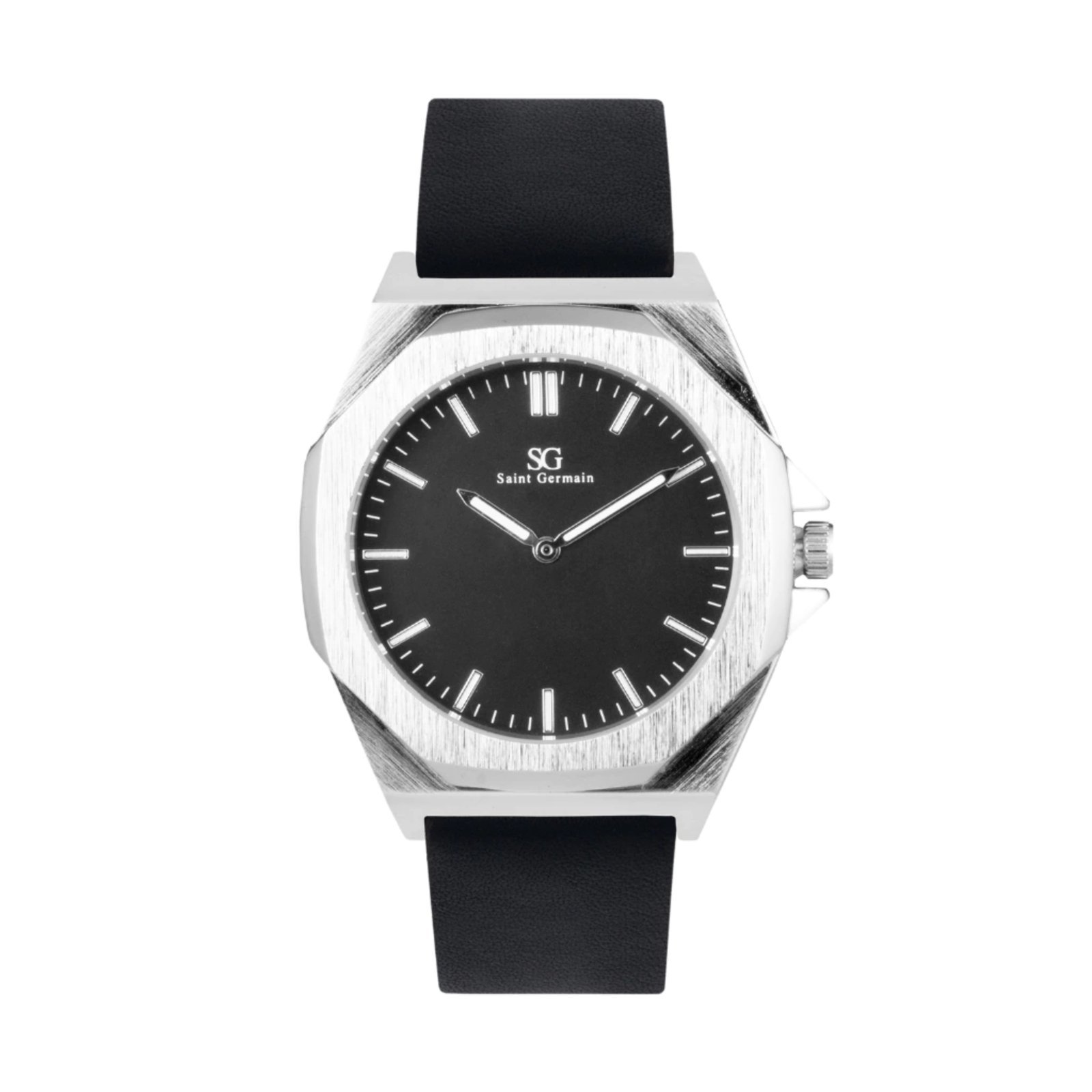 Relógio Masculino Saint Germain Hudson Murray Metal Prata Fundo Preto Pulseira de Couro Preta