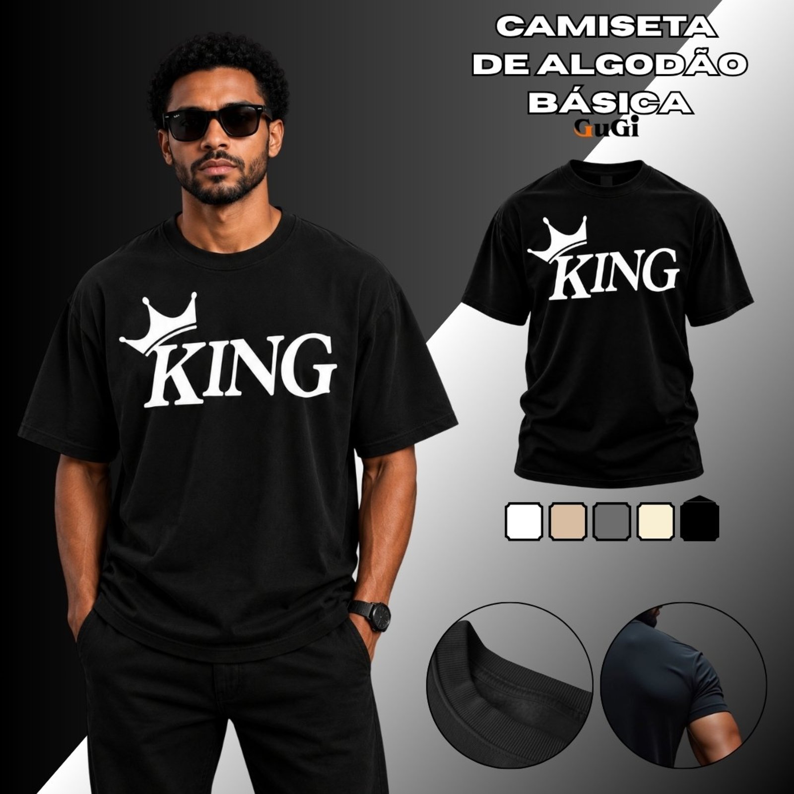 Camiseta Masculina Coroa King Streetwear 100% Algodão Preto