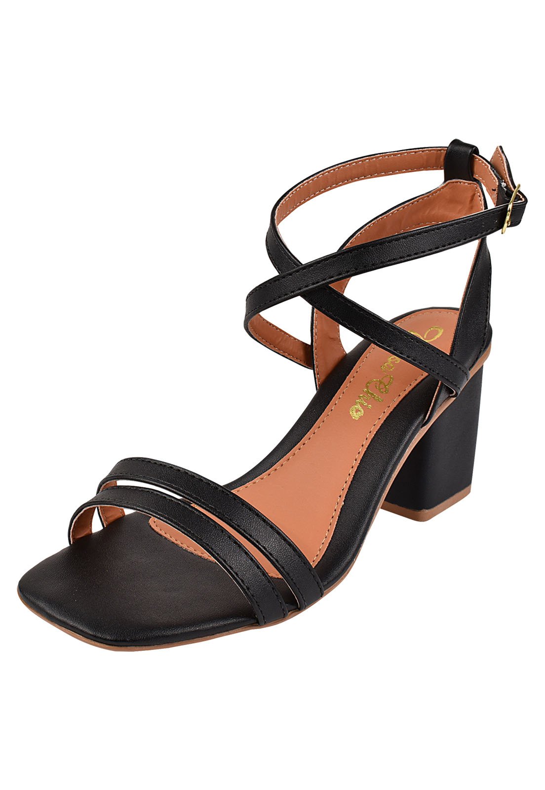 Sandália Salto Grosso Rosa Chic Calçados Salto Baixo 5 cm Bloco Preto