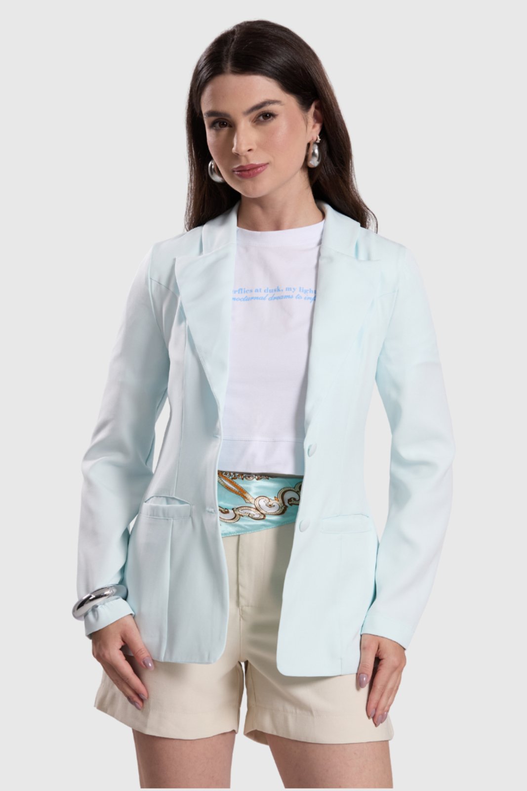 Blazer Feminino Amora Café Alfaiataria Clássica Azul Claro