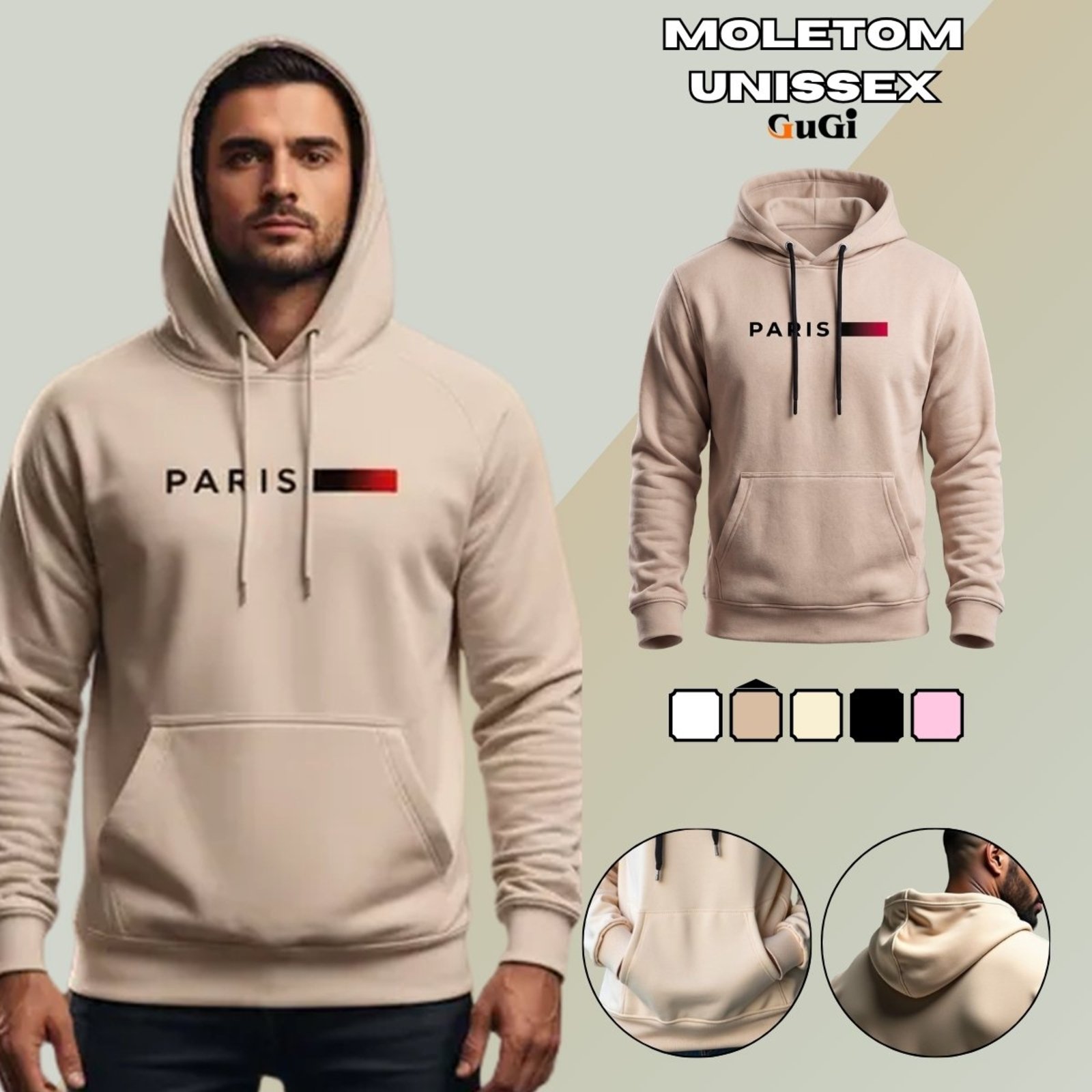 Moletom Canguru Unissex Com Capuz GuGi Paris Cidade Caqui