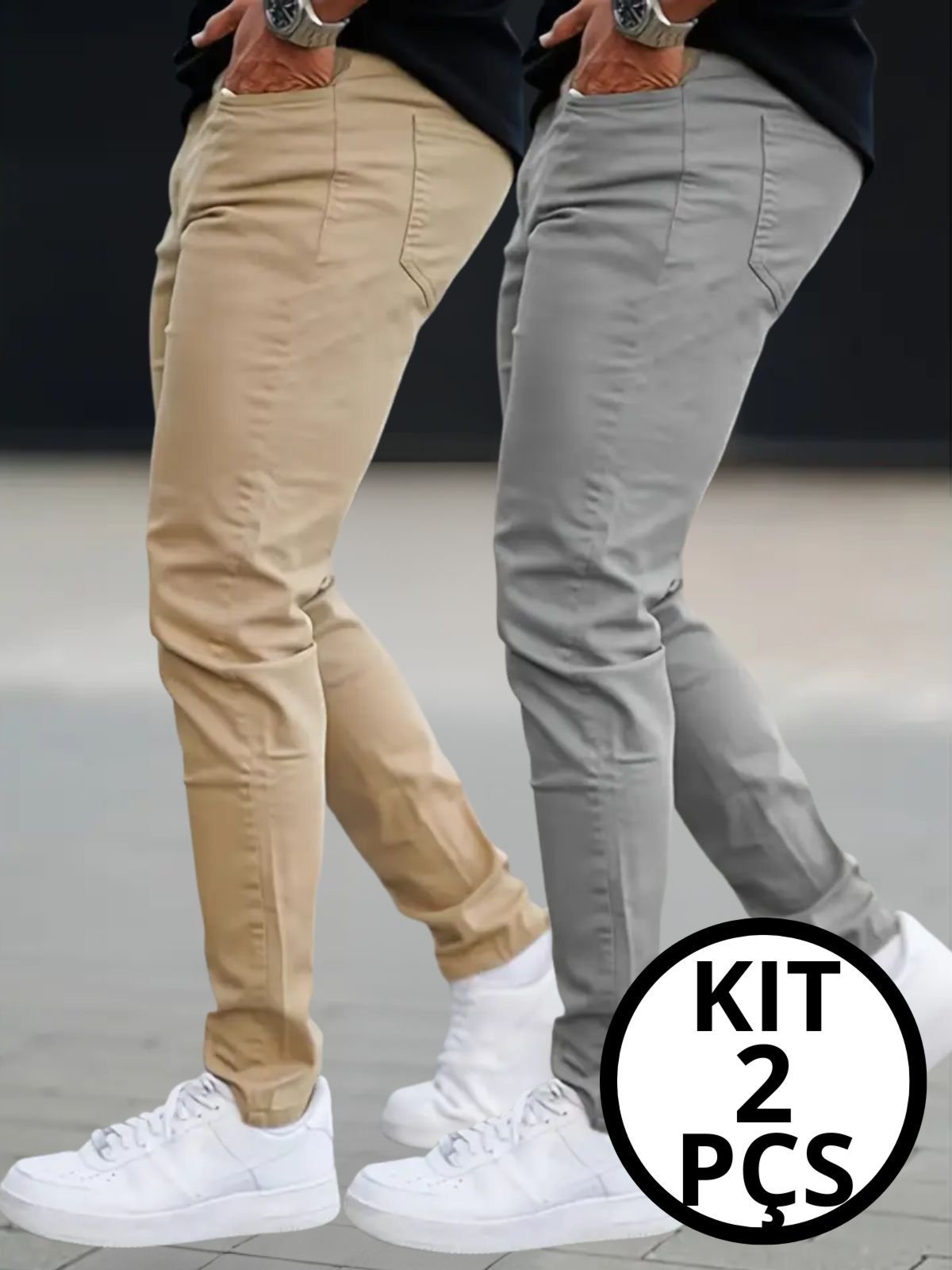 KIT 2 Calças Sarja Masculina Kovali Premium Com Elastano Confortável Bolso-Faca Cinza e Caqui