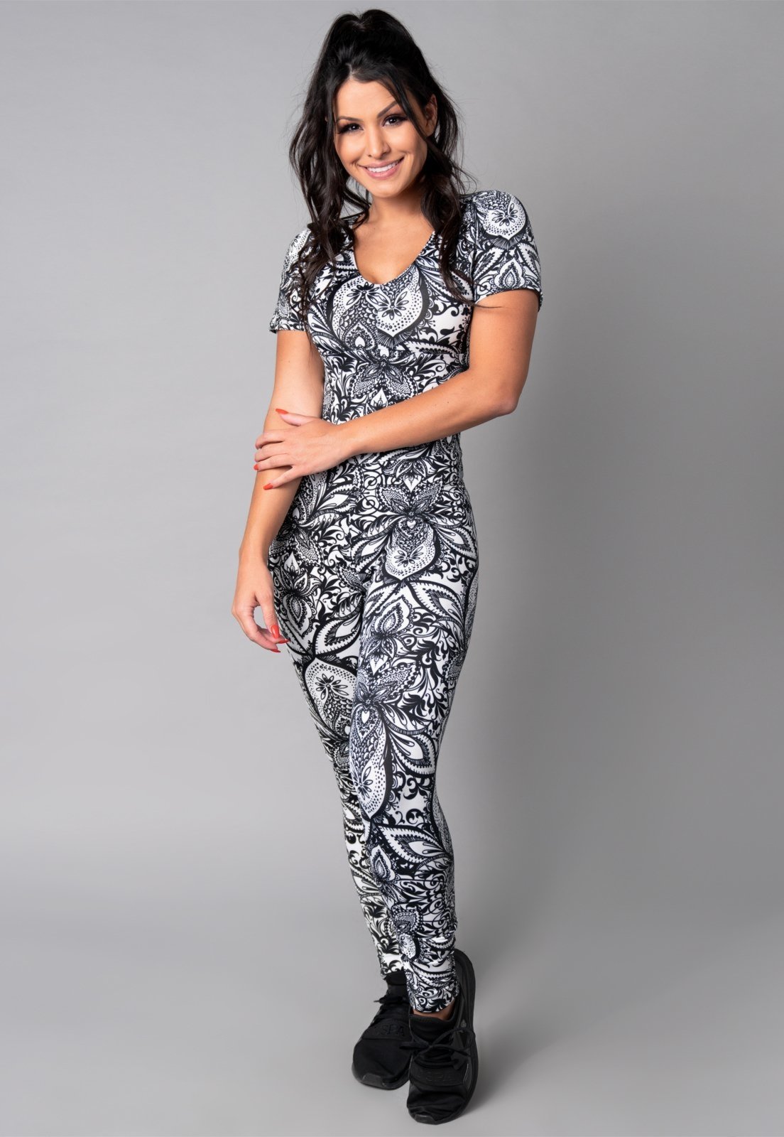 Macacão MVB Modas Longo Feminino Manga Curta Fitness Suplex Mandala