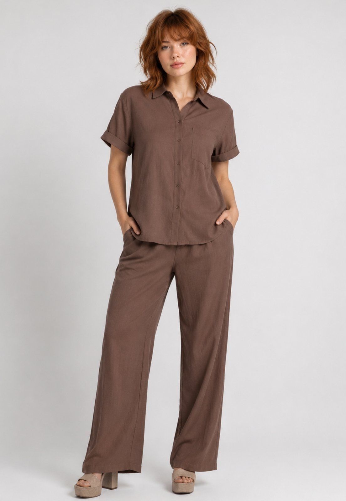 Conjunto Camisa Manga Curta e Calça Pantalona Salvatore Marrom