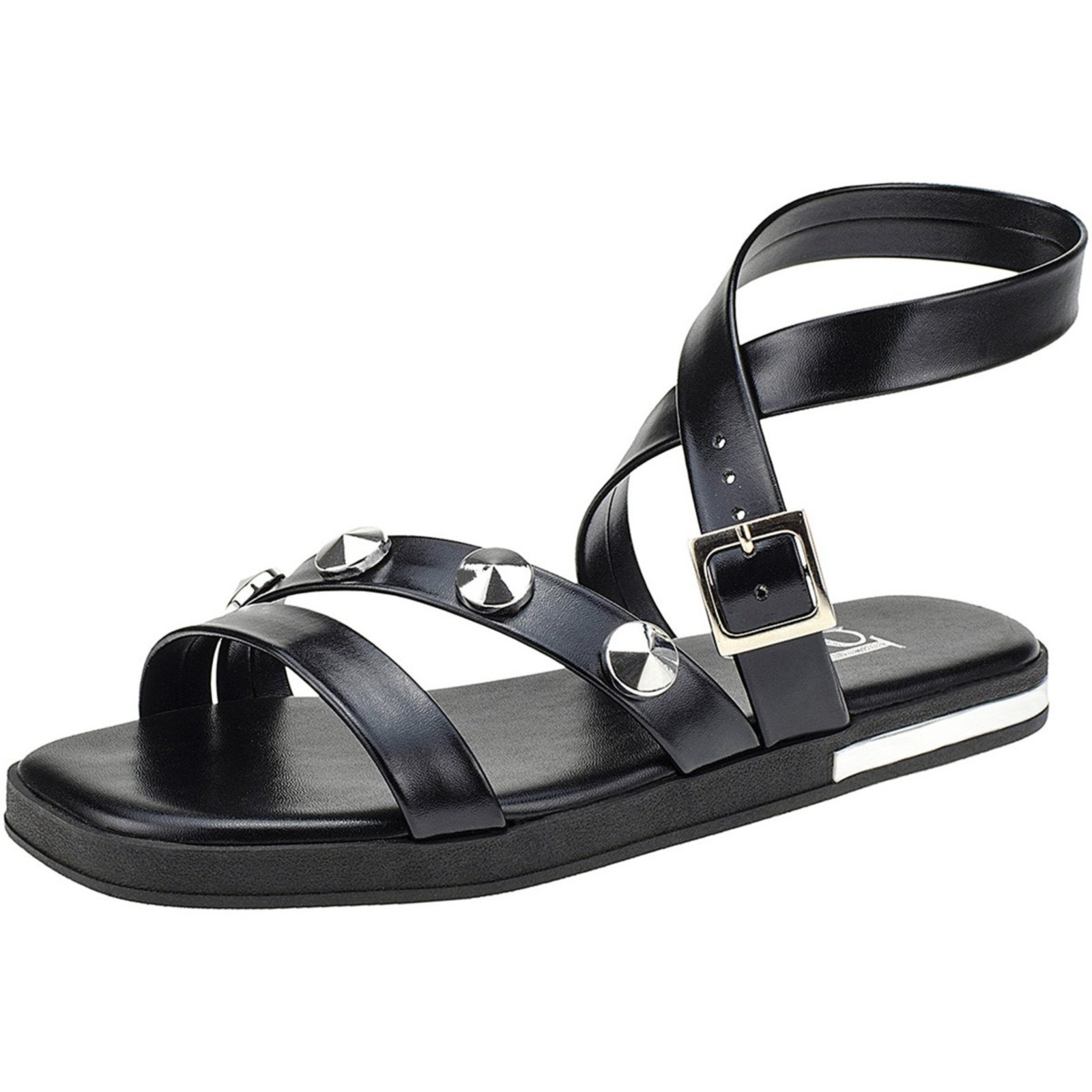Sandália Papete Lóris Shoes Feminina Aranha Tiras com Enfeite Rebite Birk Rasteira 3985 Preto