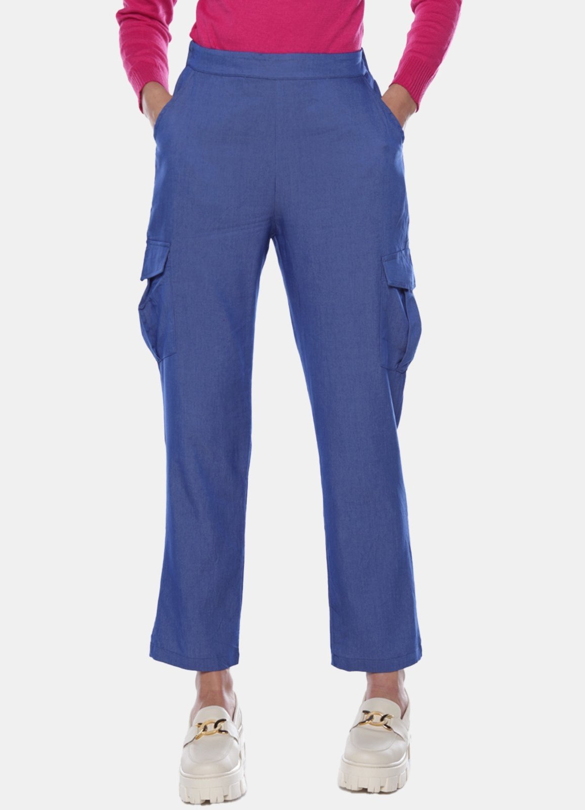 Calça Casual Feminina Viscose com Bolso Cargo Sob Azul