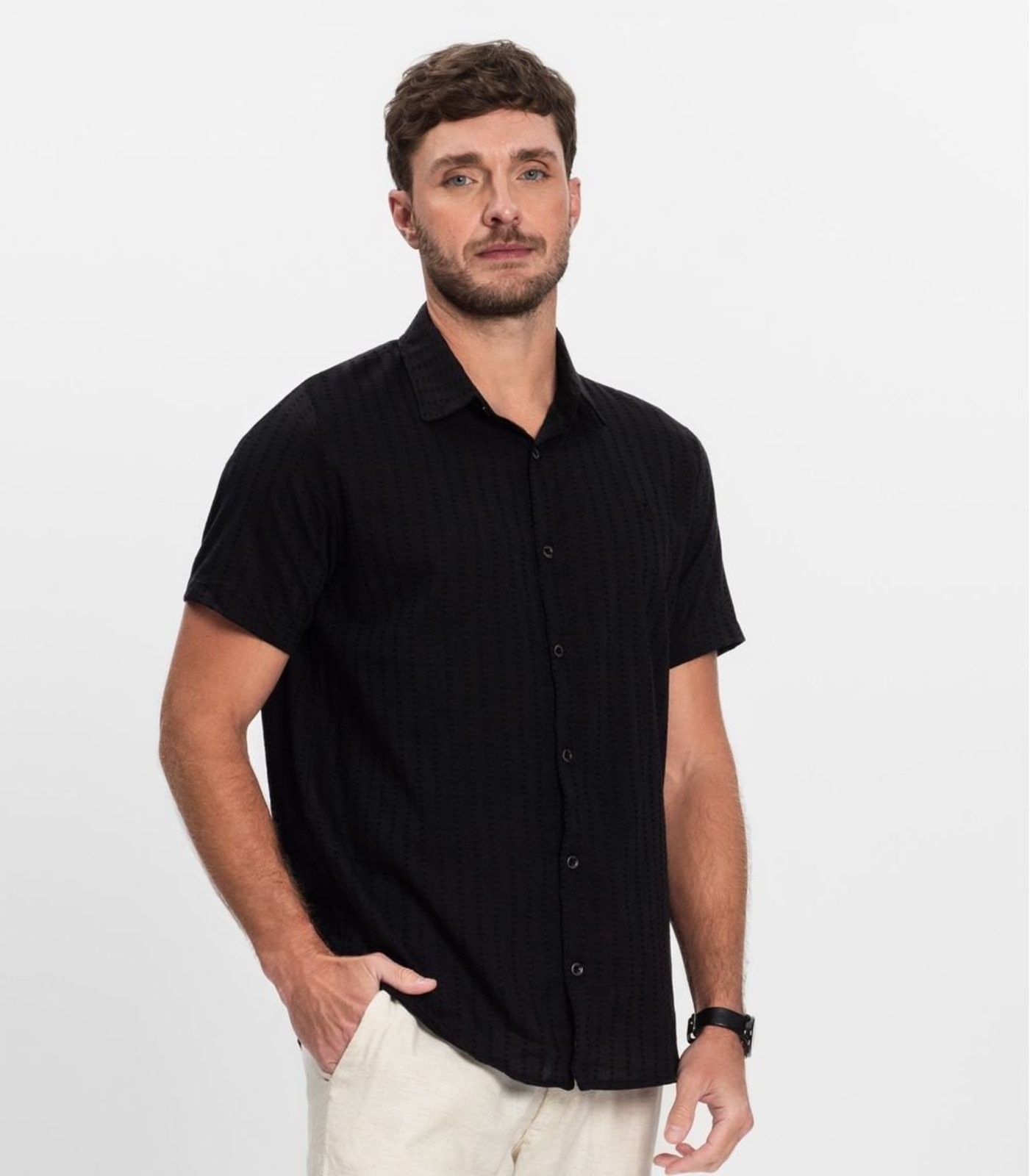 Vista 3 Camisa Masculina Manga Curta Diametro preto Diametro preto
