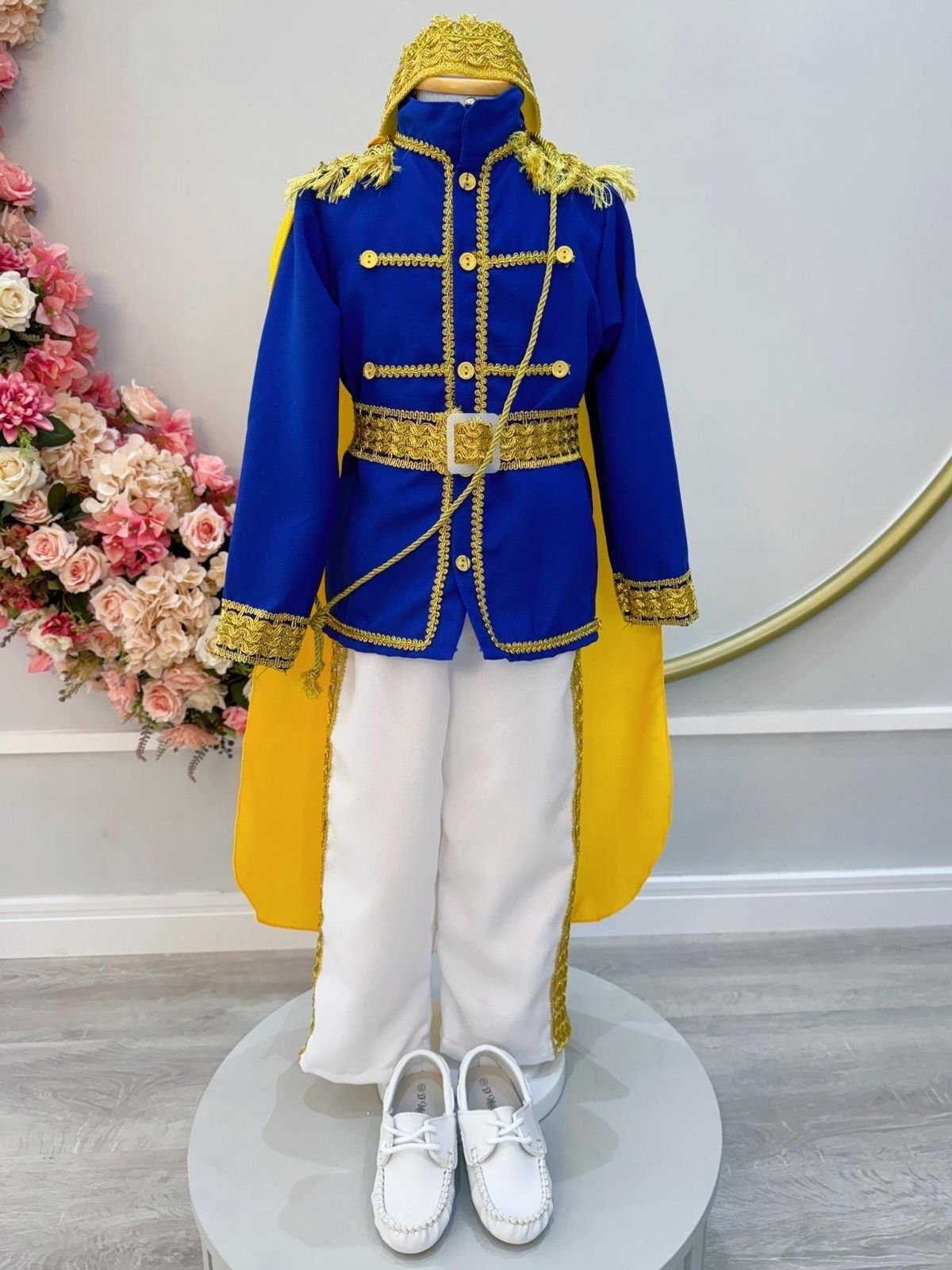 Infantil - Conjunto Fantasia Príncipe Azul Royal Branco Amarelo Luxo Teatro Carnaval Aniversário Festa
