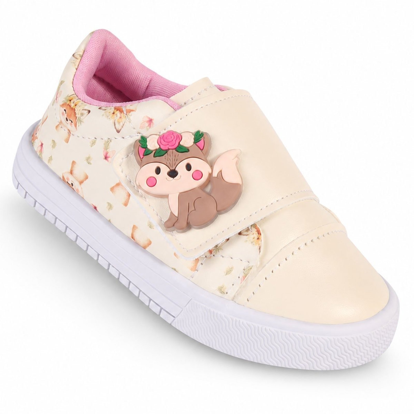 Infantil - Tênis Menina Bee Happy Off-White com Estampa de Raposinha e Fechamento em Tira Autocolante