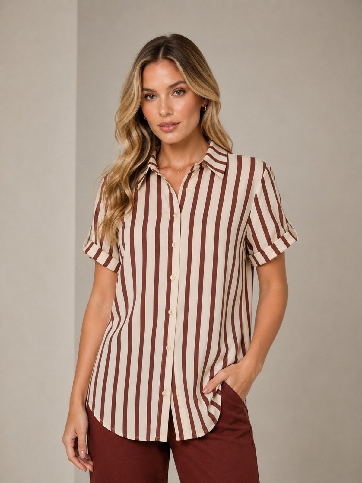 Max Camisa Tricoline Lapetry Feminina Manga Martingale Marrom Social
