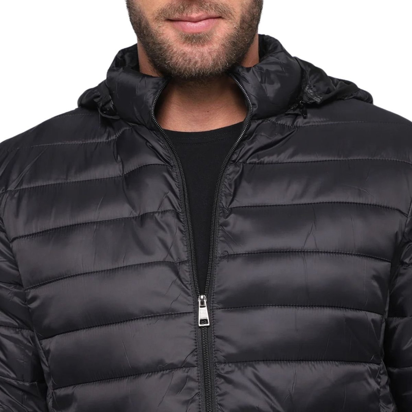Blusa De Frio Masculina Jaqueta Puffer Térmica Com Capuz Removível Preto