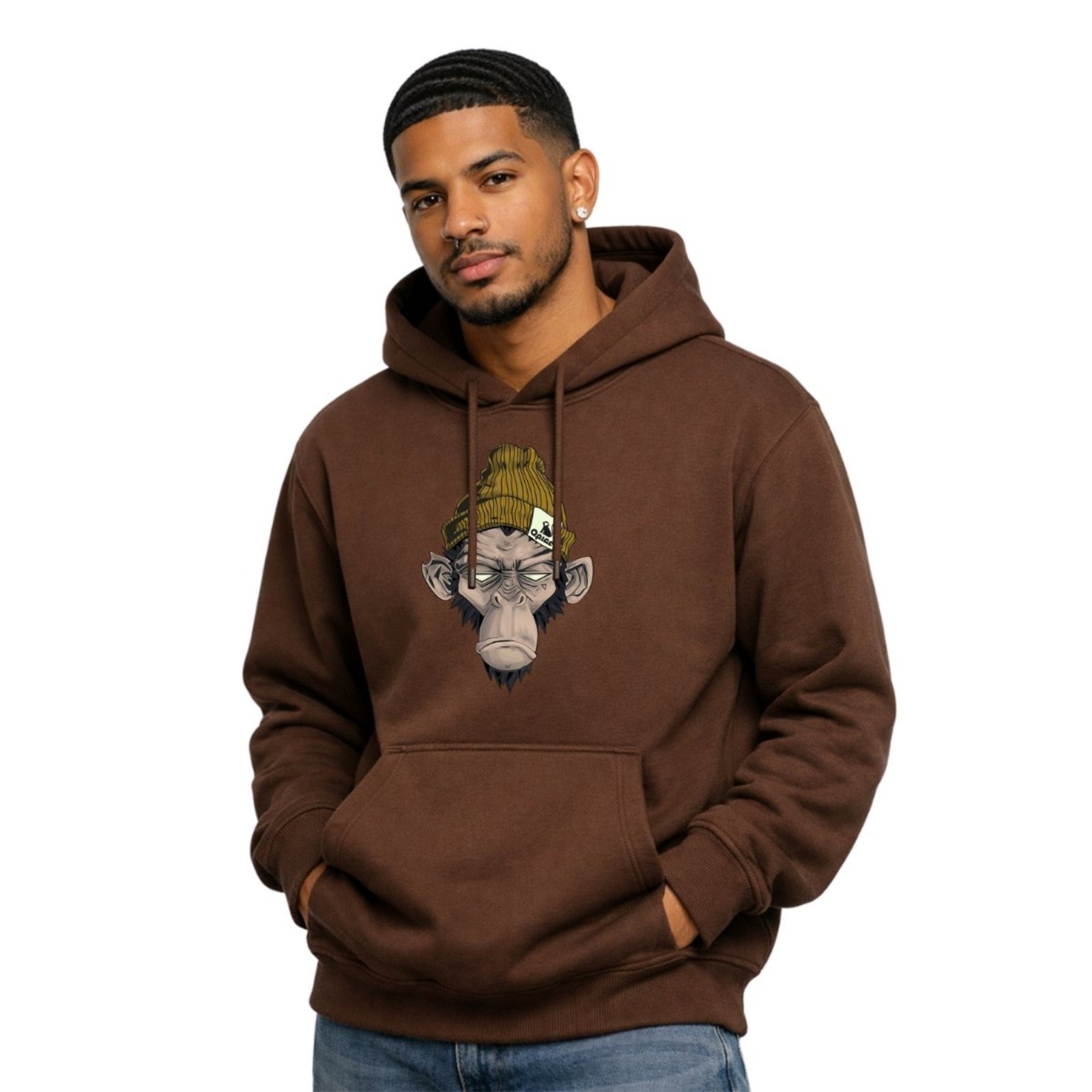 Moletom Forro Flanelado Estampado Com Capuz E Bolso Canguru Blusa De Frio Café