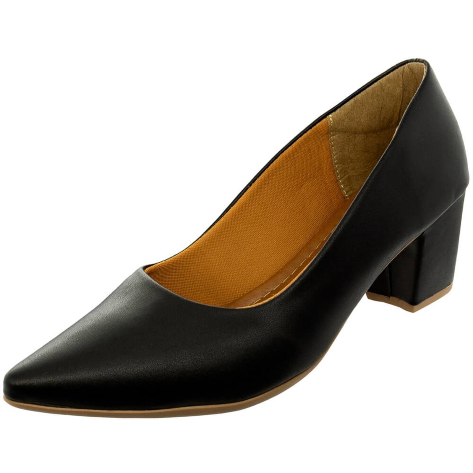 Sapato Scarpin Bico Fino Salto Baixo Grosso Confortável Via Angel 22.01 Preto