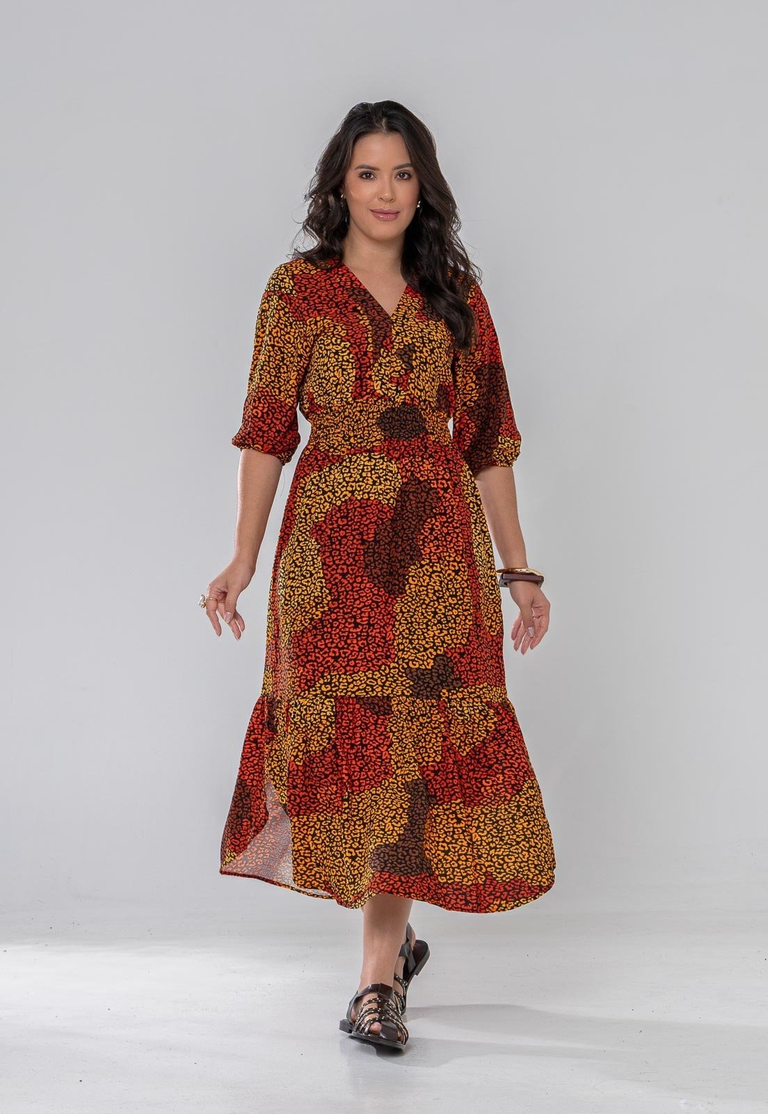 Vestido Aura Joana Viscolinho Onça Marrom