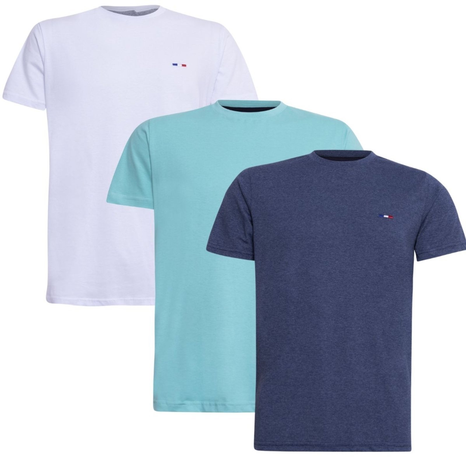 Kit 3 Peças Camisetas Básicas Masculina Industrie em Algodão Premium no Estilo Tommy Bordado França Branco Azul Mes