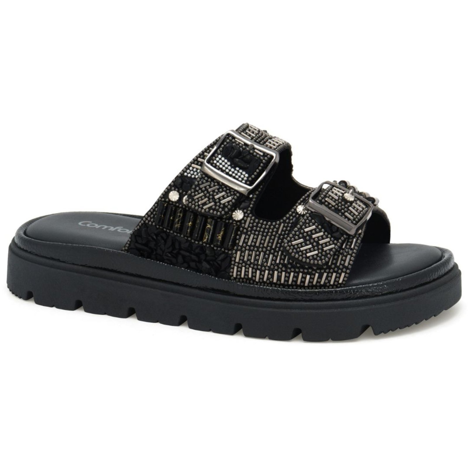 Sandália Feminina Flat Preta Pedraria Comfortflex 2546435-1