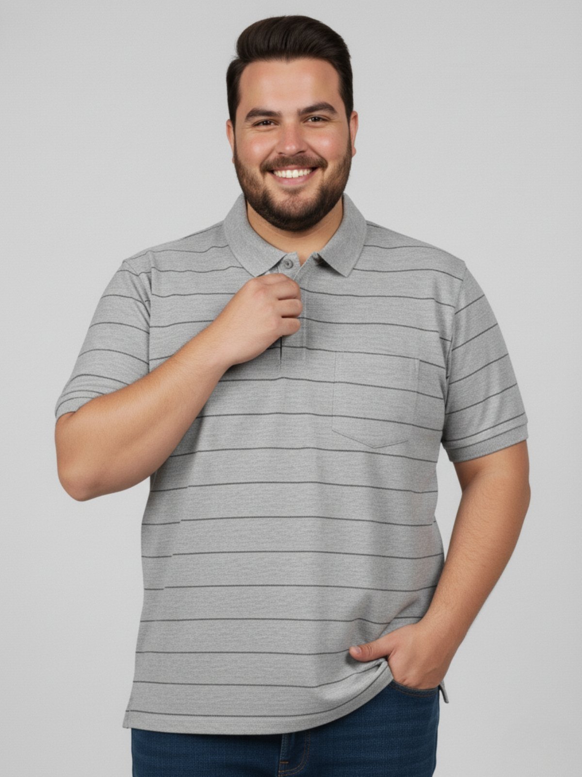 Camisa Polo Listrada Plus Size com Bolso Cinza