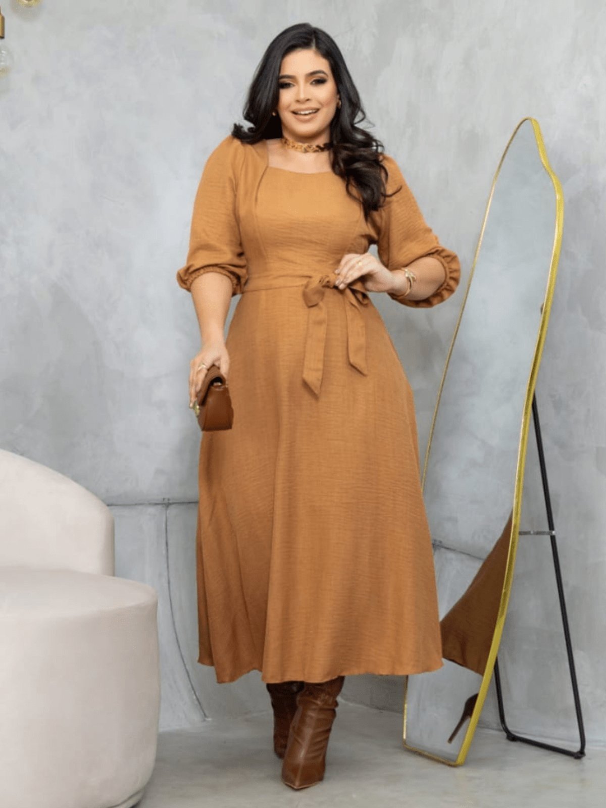 Vestido Midi Soltinho Manga 3/4 Elegante Social Moda Evangélica Bege