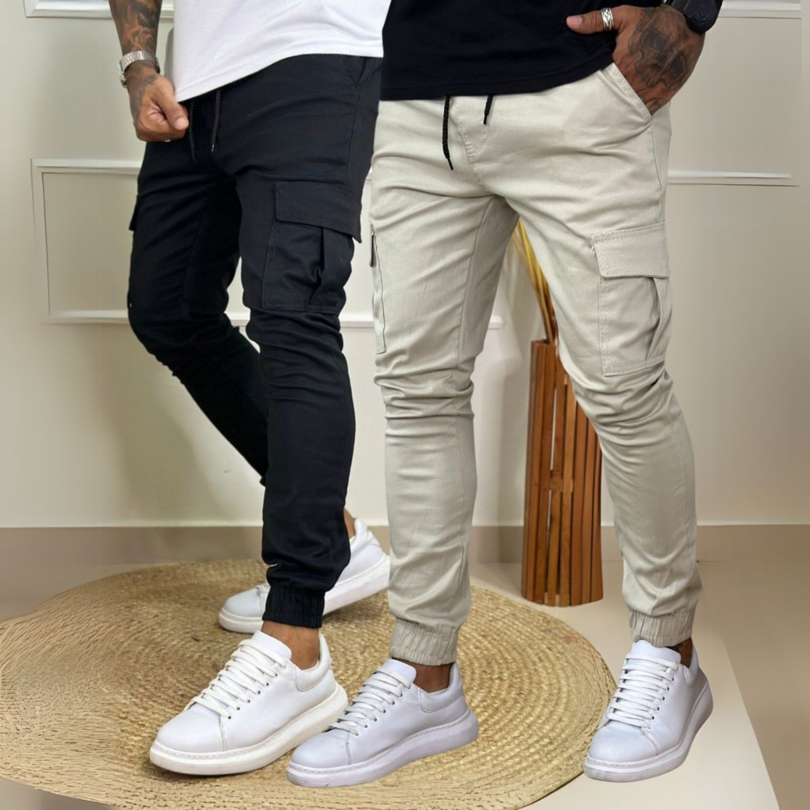 Kit 2 Calça Jogger Cargo Masculina Preto e Off White Linha Premium 100% Algodão