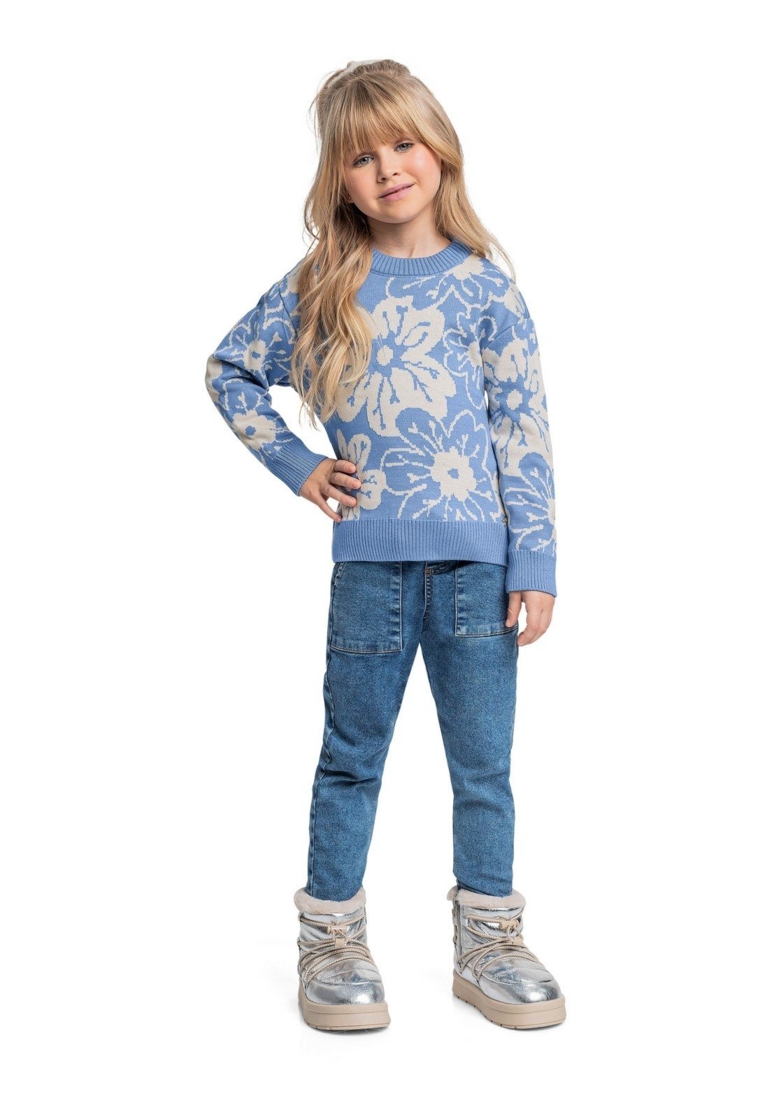 Infantil – Blusão Floral em Tricot para Menina Quimby Azul