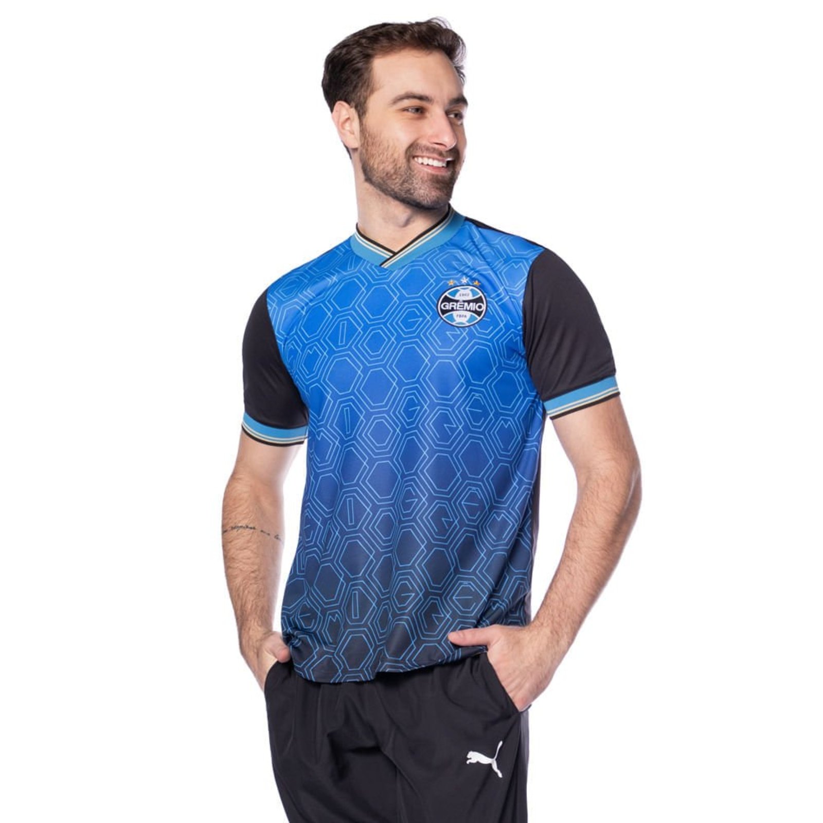 Camiseta Masculina Betel Pré Match Grêmio Degradê Azul/Preto