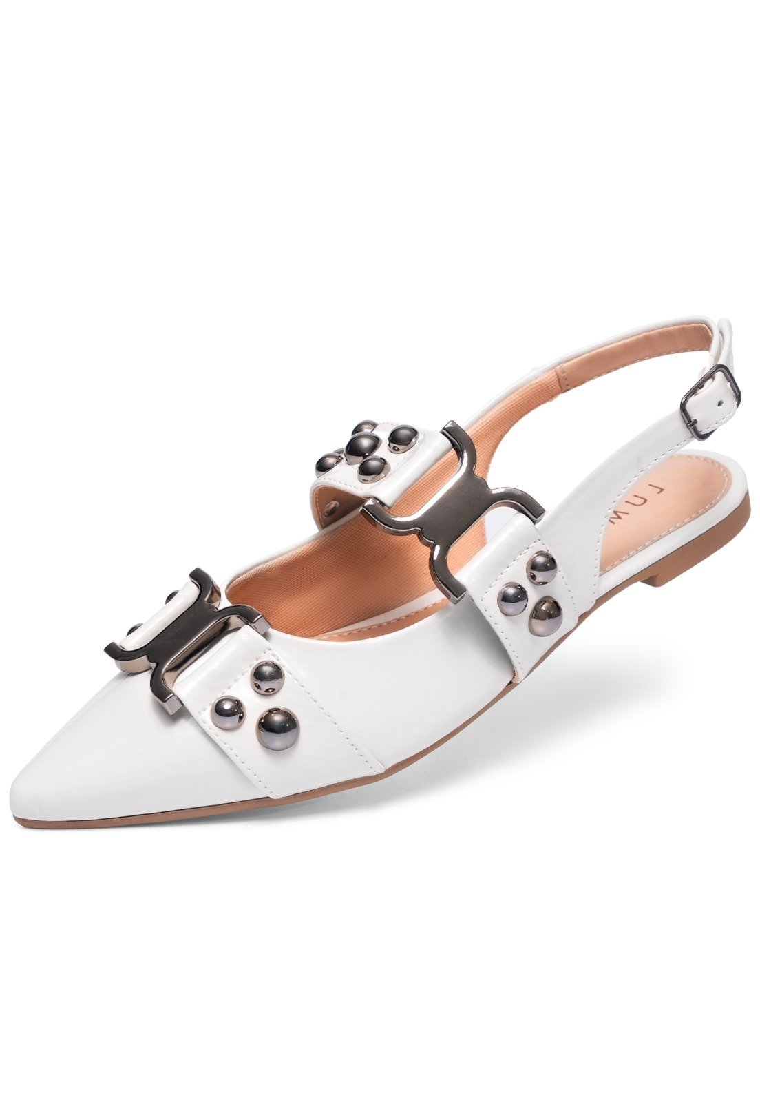 Vista 2 Sapatilha Slingback Feminina Lumiss Confortável Fivela Rasteira Bico Fino Verniz Off White off-white white LUMISS off-white white